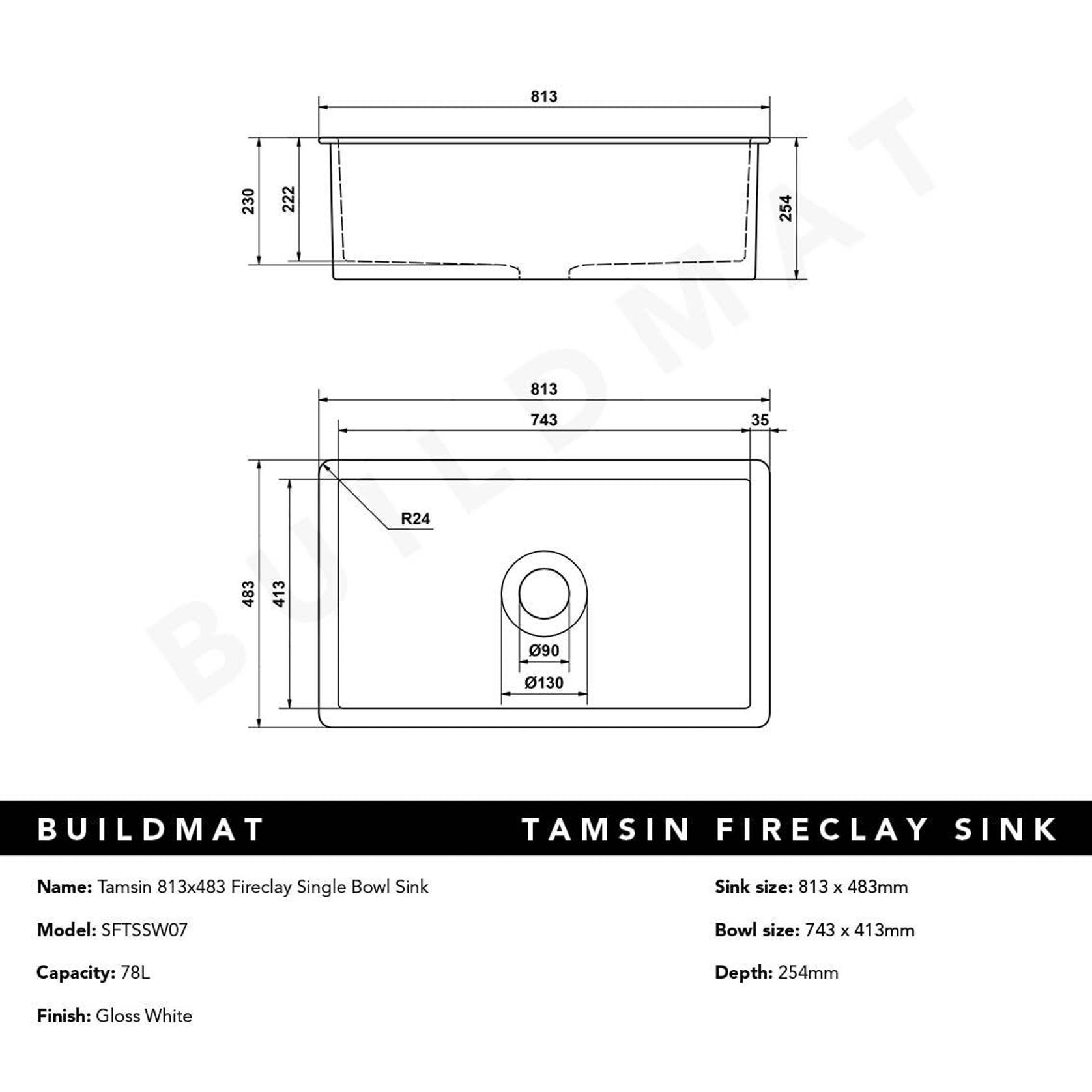 Tamsin 813x483 Gloss White Fireclay Single Bowl Sink gallery detail image