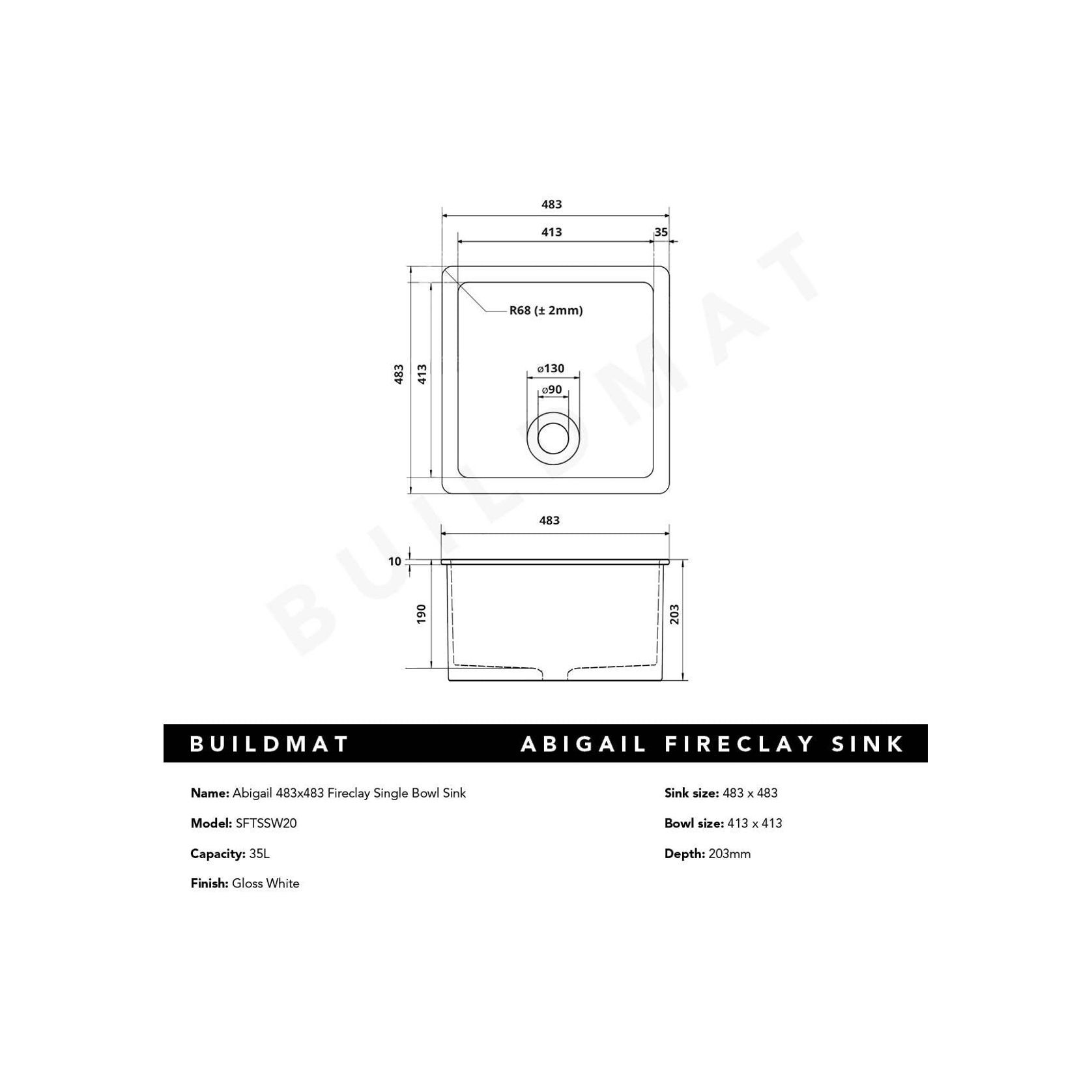 Abigail 483 x483 Gloss White Fireclay Single Bowl Sink gallery detail image