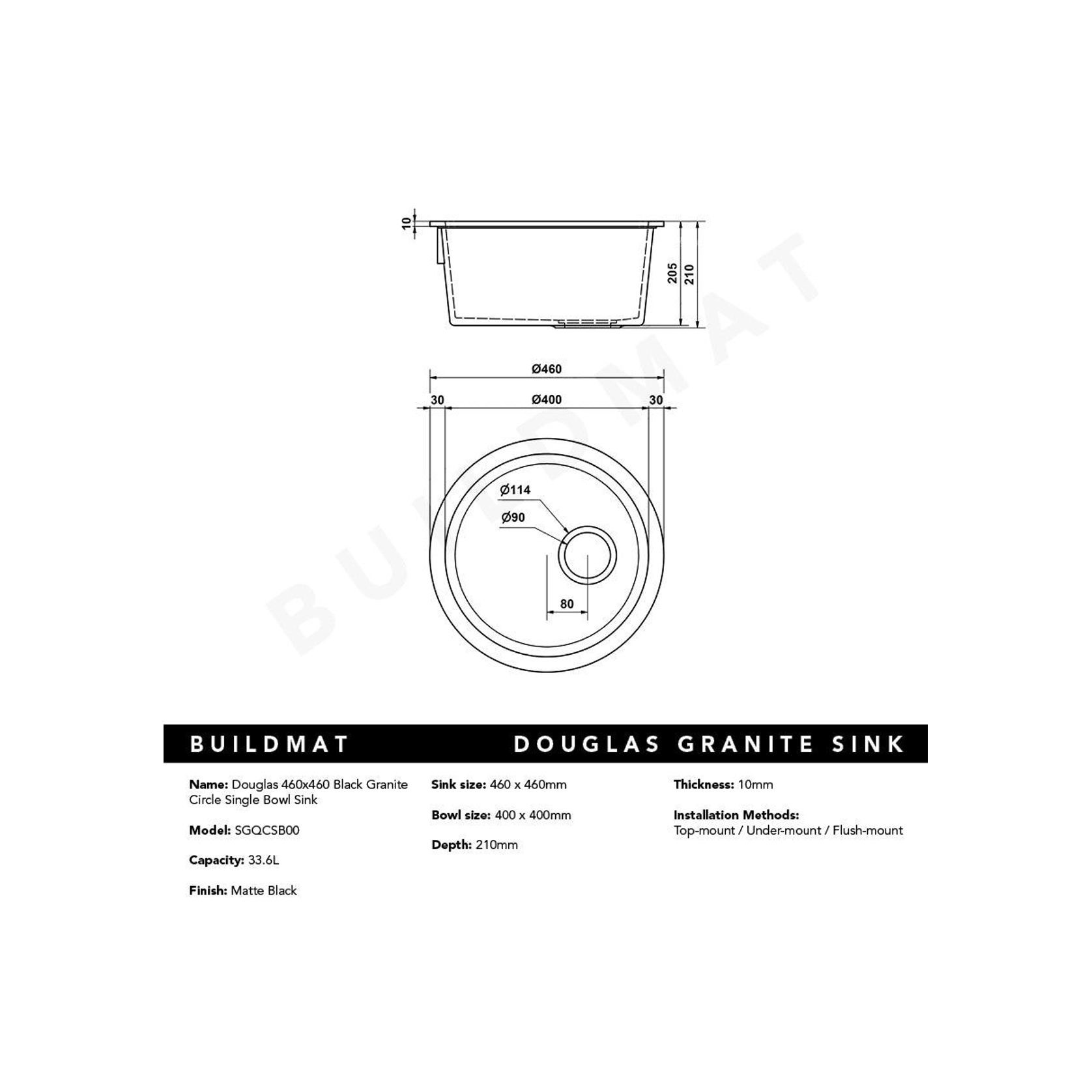 Douglas 460x460 Black Granite Circle Single Bowl Sink gallery detail image