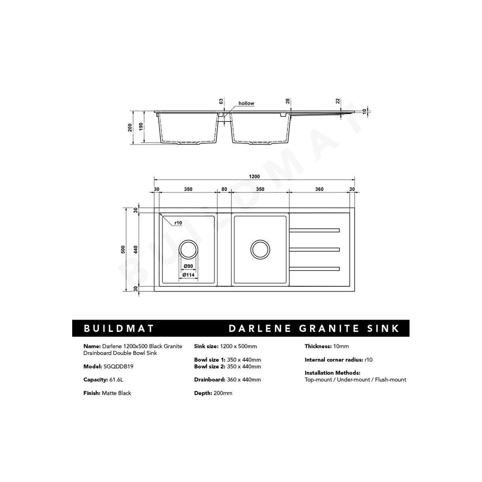 Darlene 1200x500 Black Granite Drainboard Bowl Sink gallery detail image