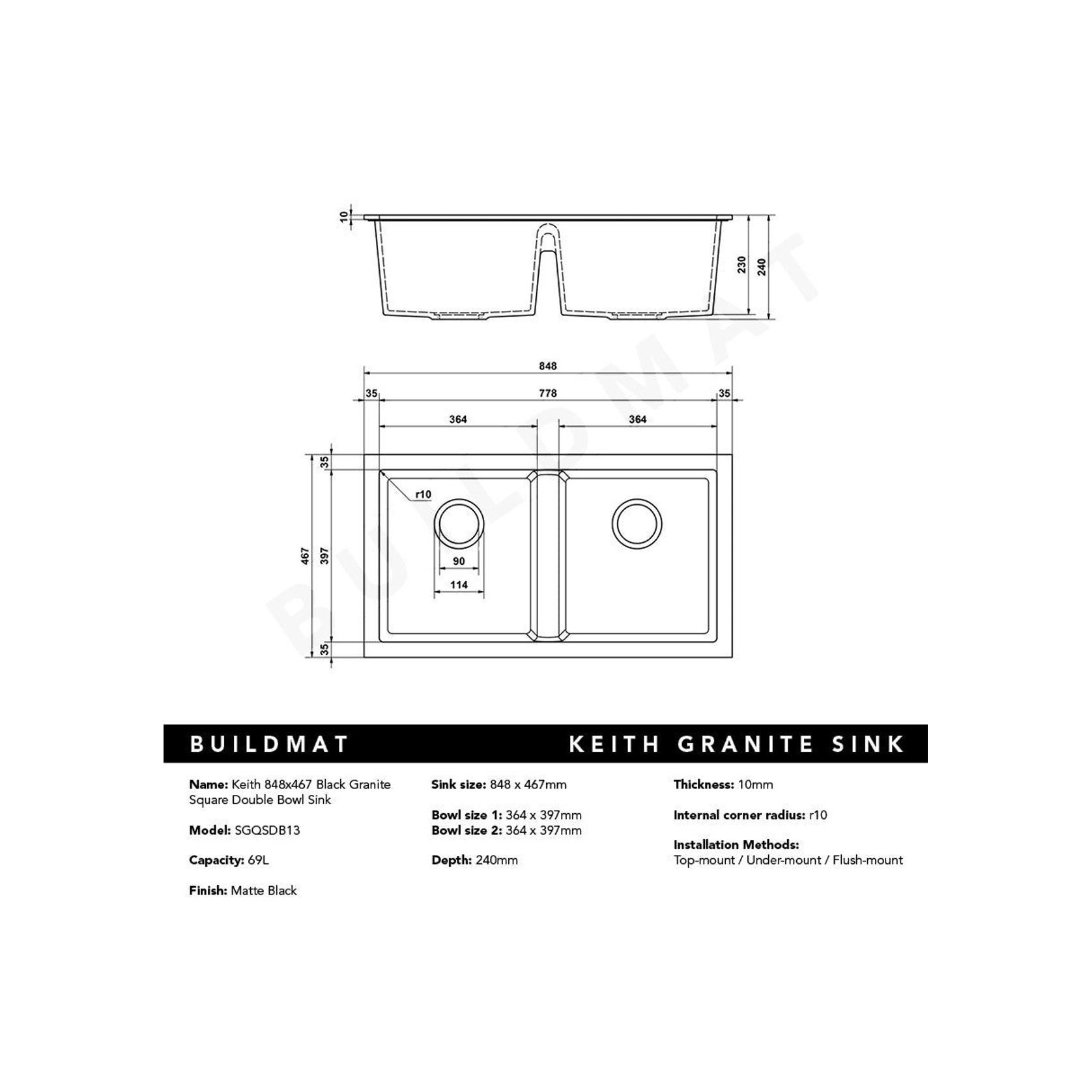 Keith 848x467 Black Granite Double Bowl Sink gallery detail image
