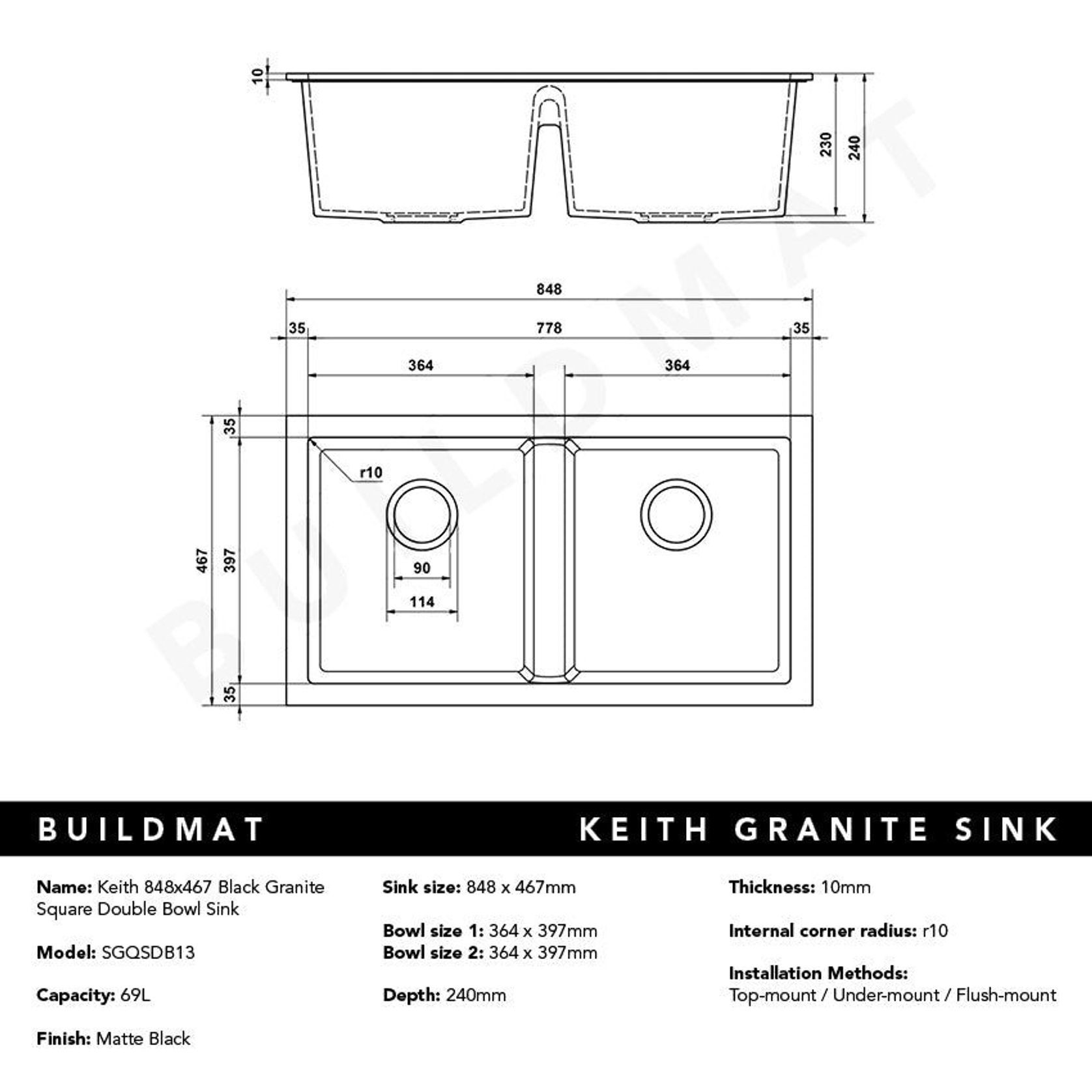 Keith 848x467 Black Granite Double Bowl Sink gallery detail image