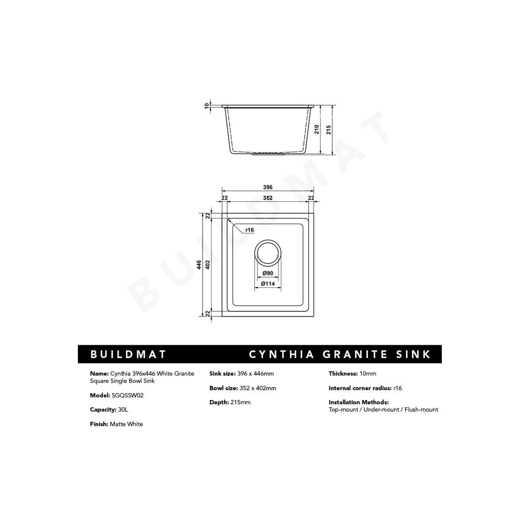 Cynthia 396x446 White Granite Single Bowl Sink gallery detail image