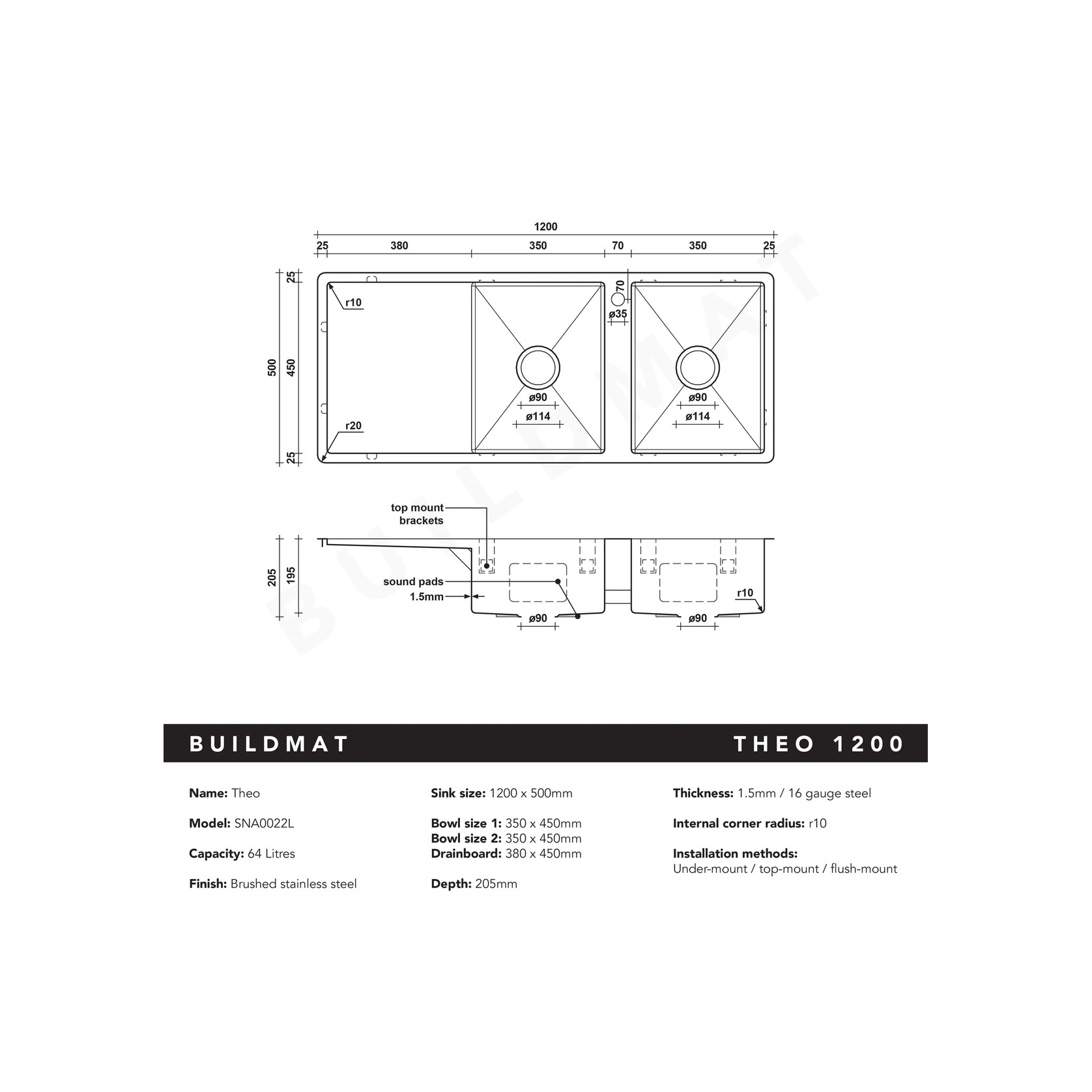 Theo 1200x500 Double Bowl with Drain Board Sink With Taphole Right Hand Drainboard gallery detail image