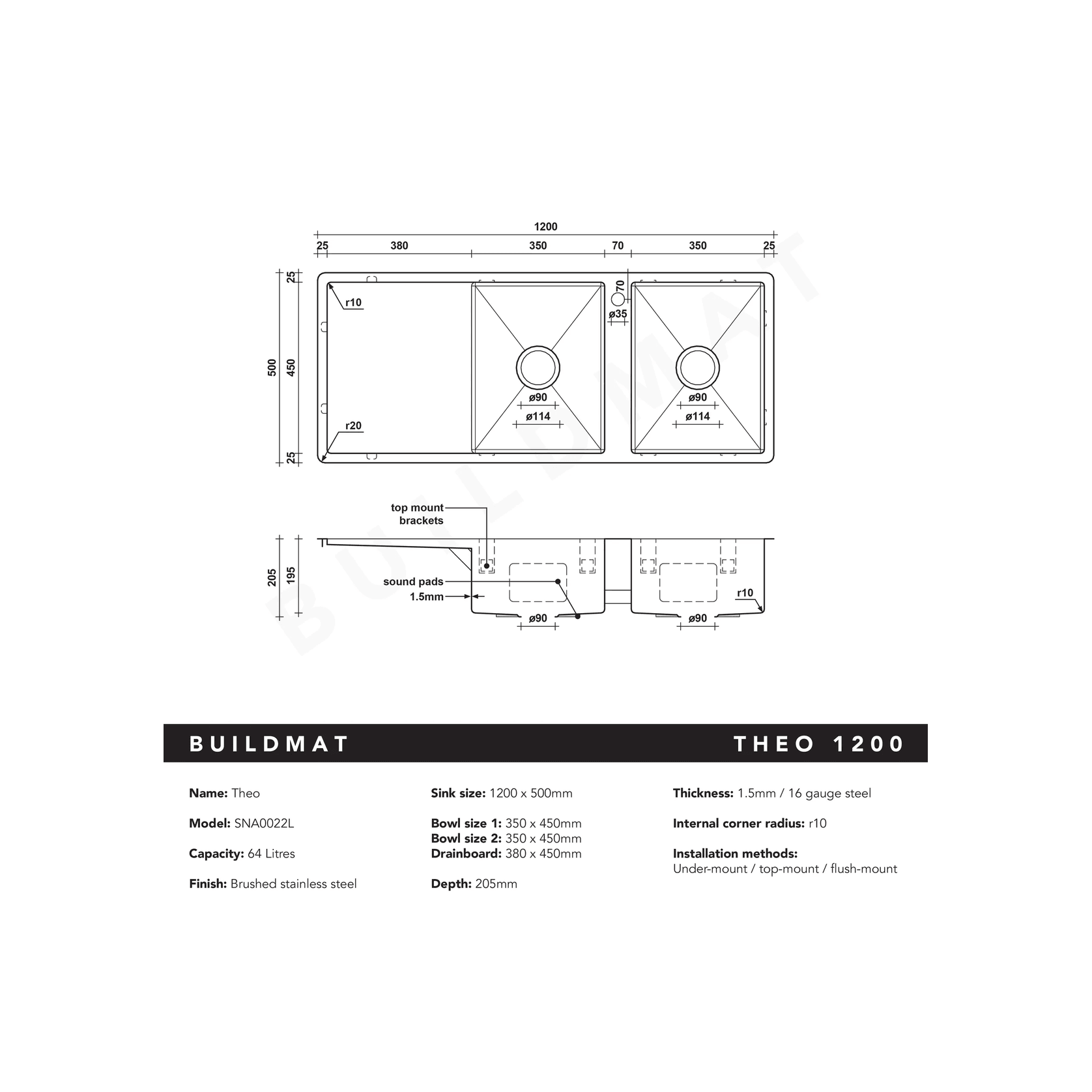 Theo 1200x500 Double Bowl with Drain Board Sink With Taphole Right Hand Drainboard gallery detail image