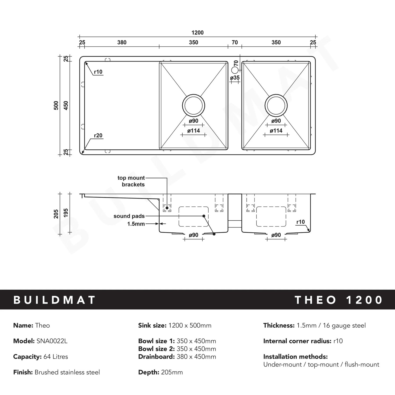 Theo 1200x500 Double Bowl with Drain Board Sink With Taphole Right Hand Drainboard gallery detail image