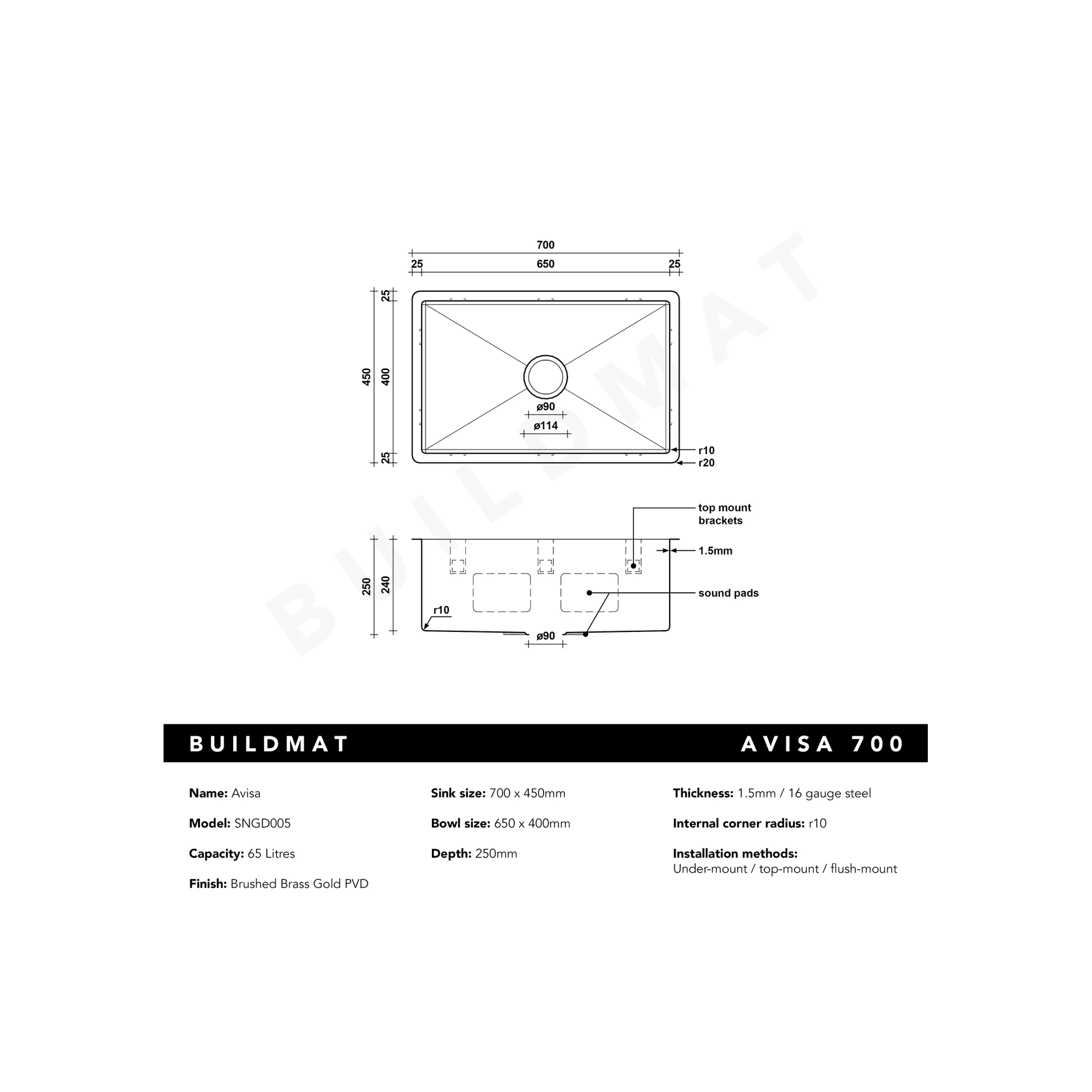 Brushed Brass Gold Avisa 700x450 Large Single Bowl Sink gallery detail image
