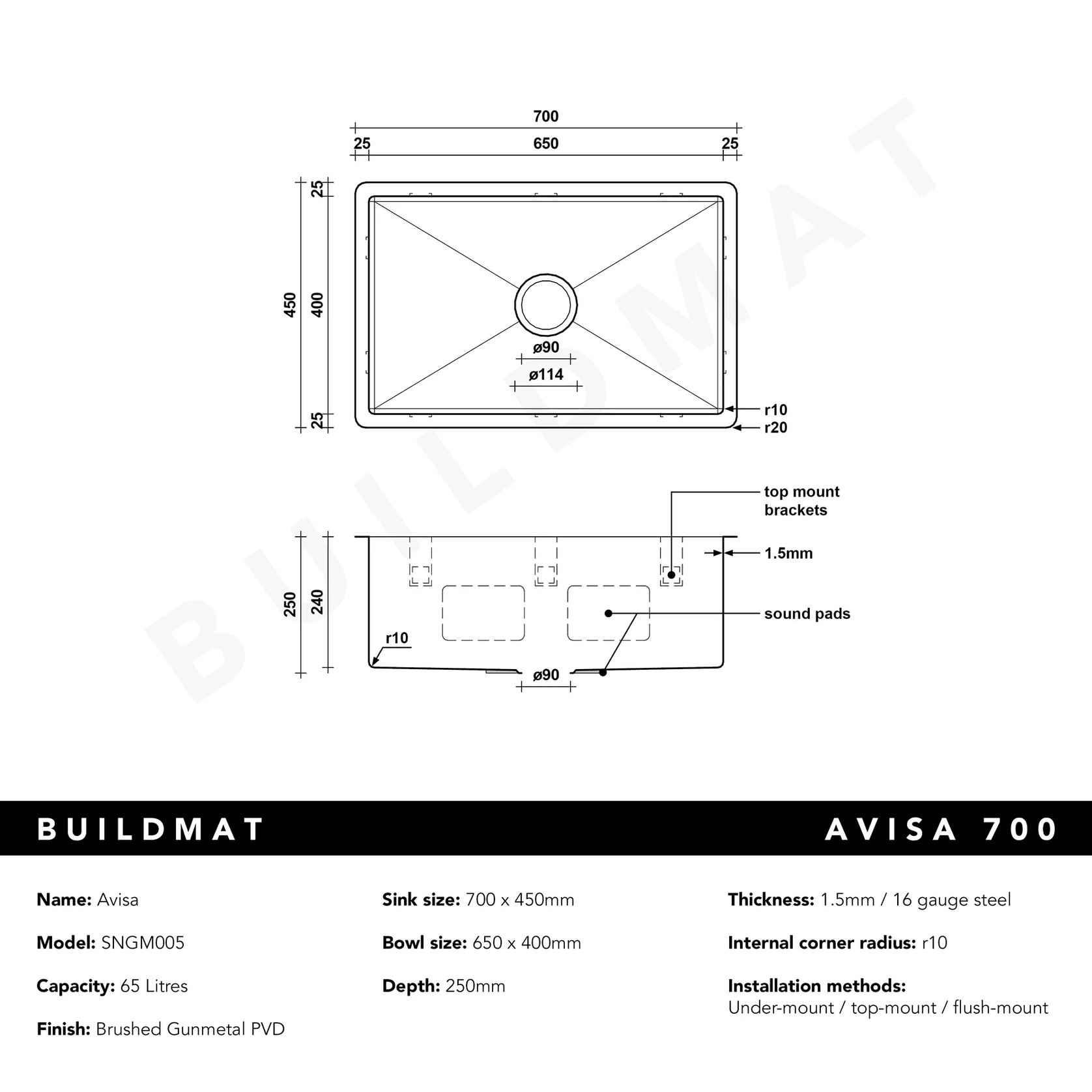 Brushed Gunmetal Avisa 700x450 Large Single Bowl Sink gallery detail image