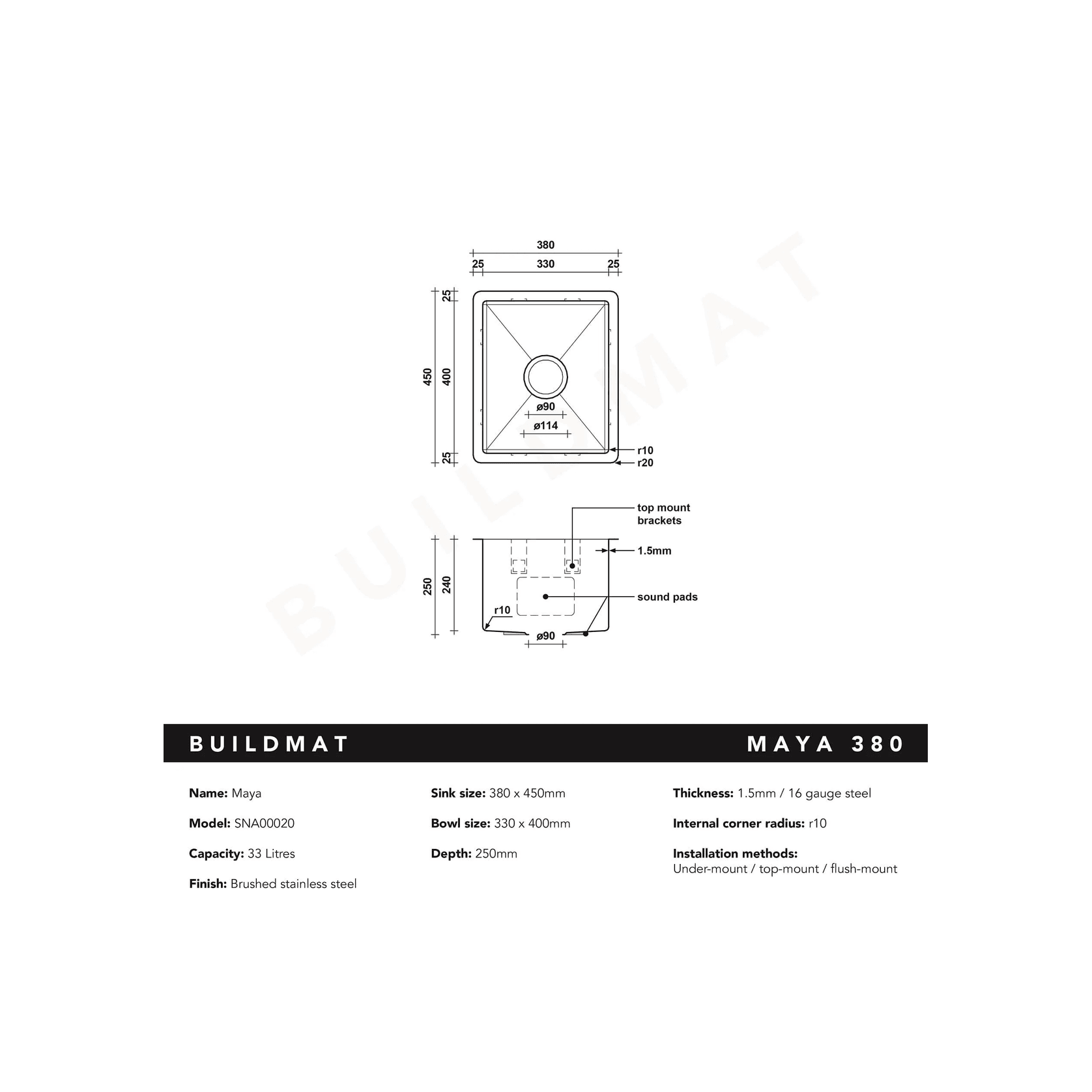 Brushed Brass Gold Maya 380x450 Single Bowl Sink gallery detail image