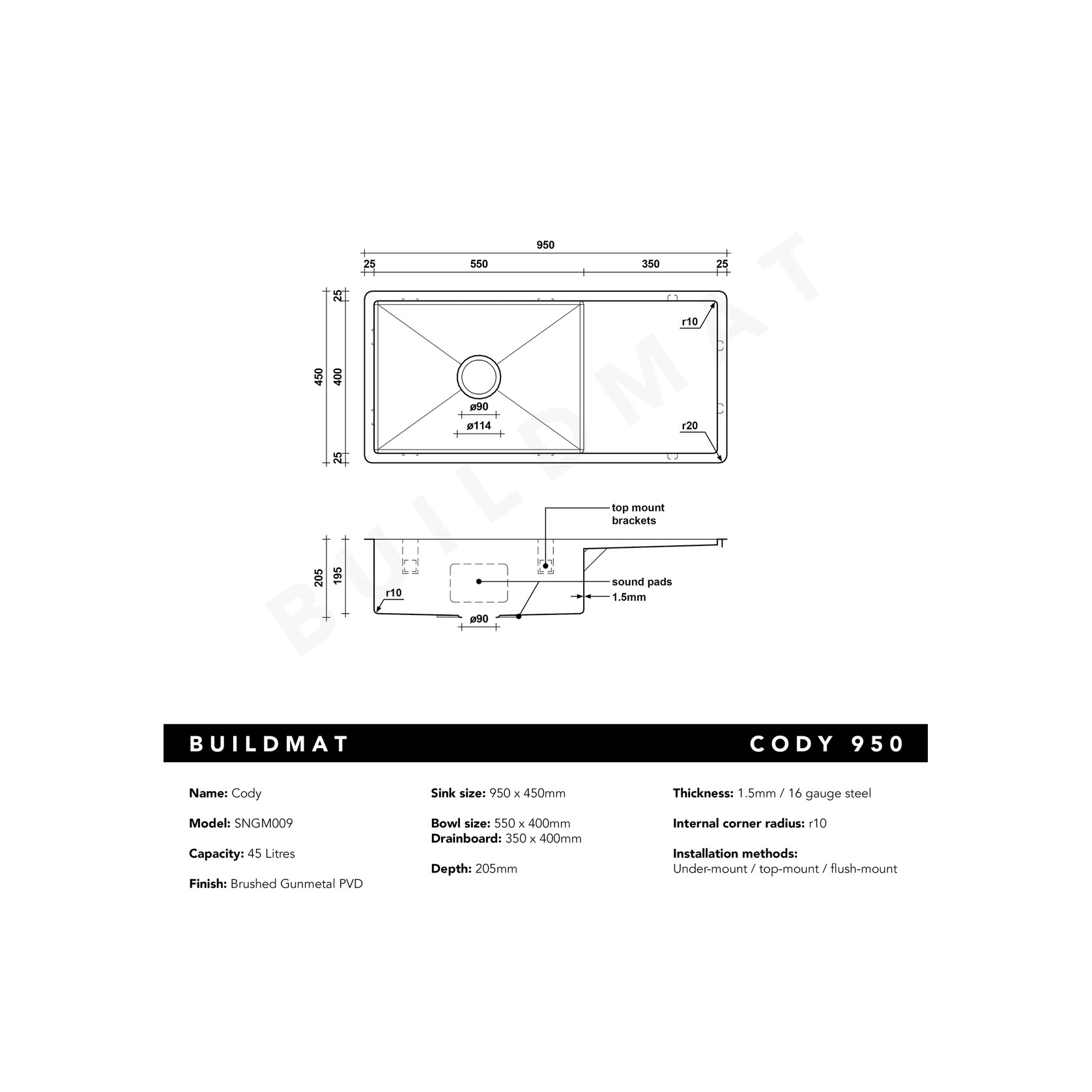 Brushed Gunmetal Cody 950x450 Single Bowl w Drain Board Sink gallery detail image