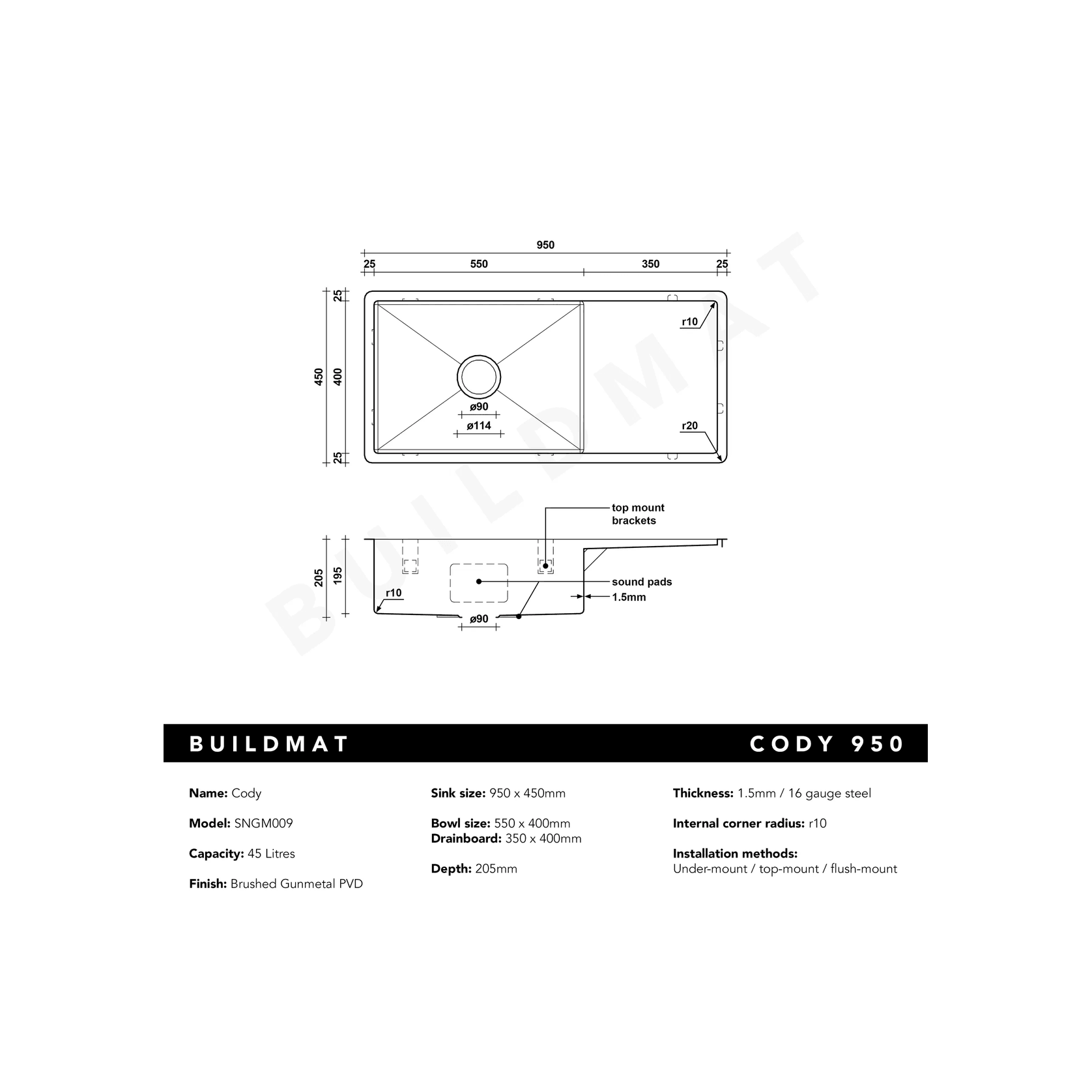 Brushed Gunmetal Cody 950x450 Single Bowl w Drain Board Sink gallery detail image