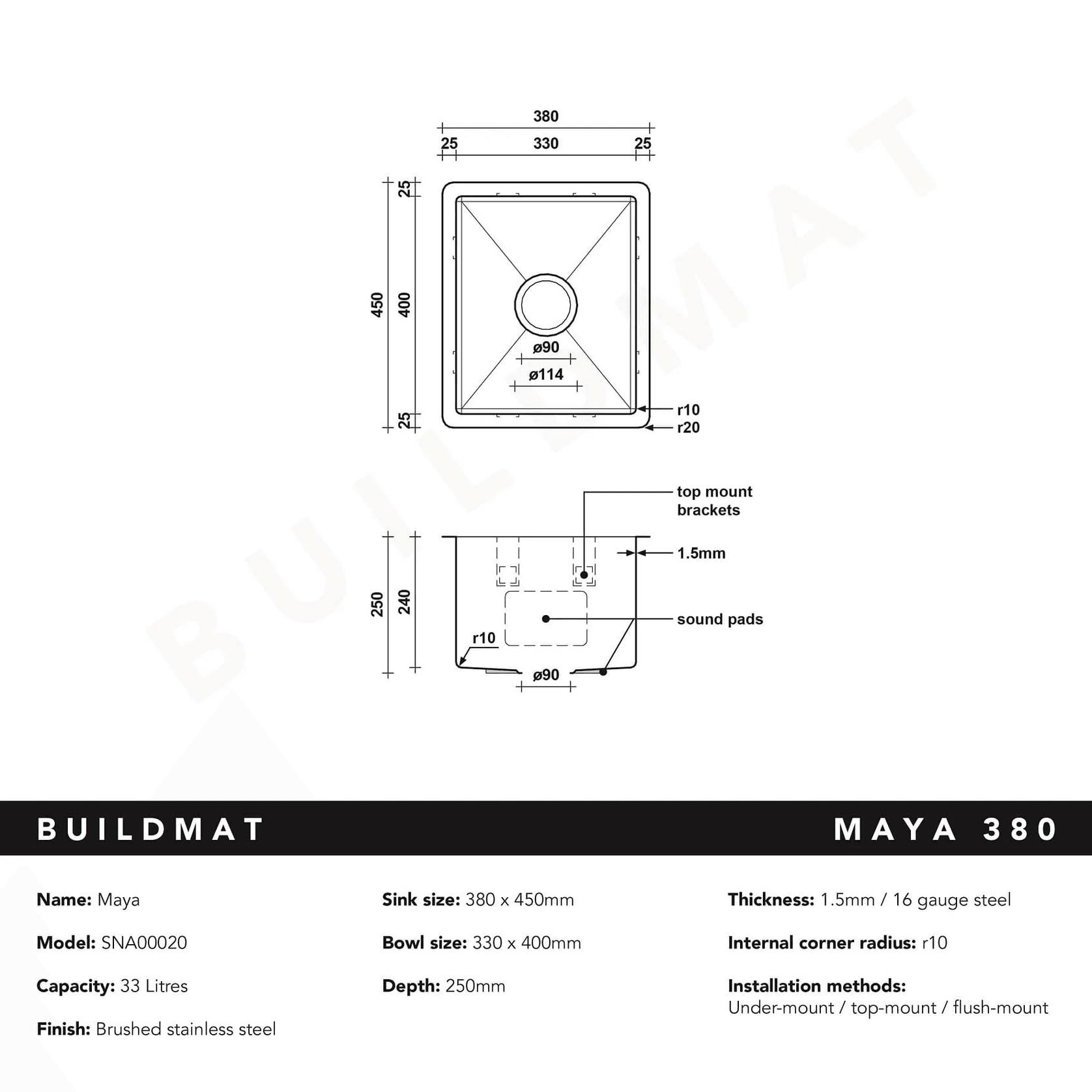 Brushed Gunmetal Maya 380x450 Single Bowl Sink gallery detail image