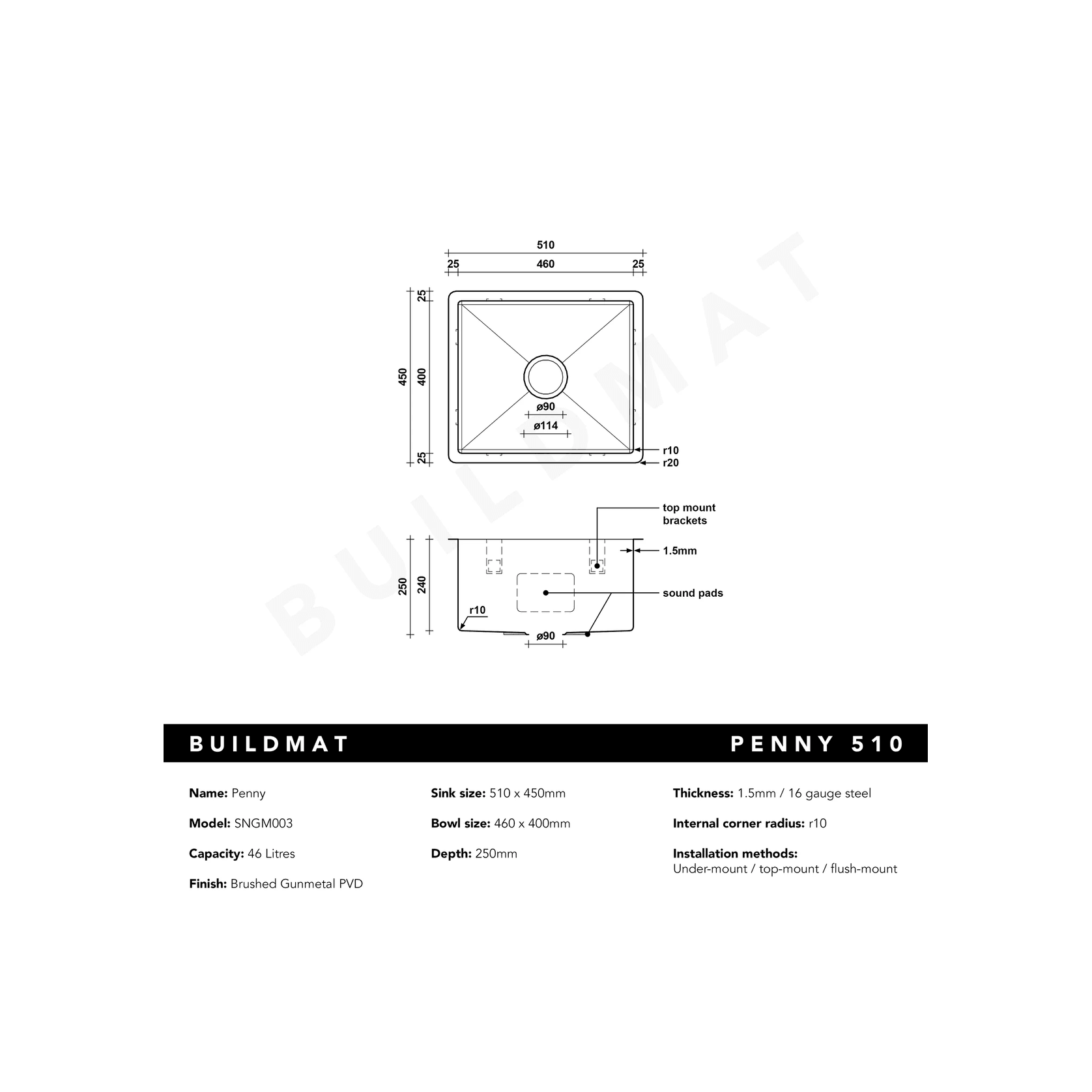 Brushed Gunmetal Penny 510x450 Single Bowl Sink gallery detail image