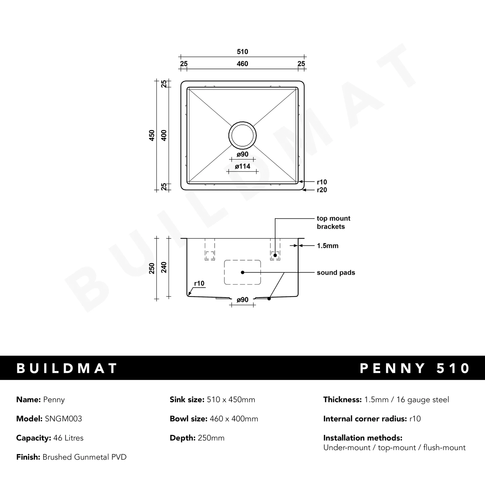 Brushed Gunmetal Penny 510x450 Single Bowl Sink gallery detail image