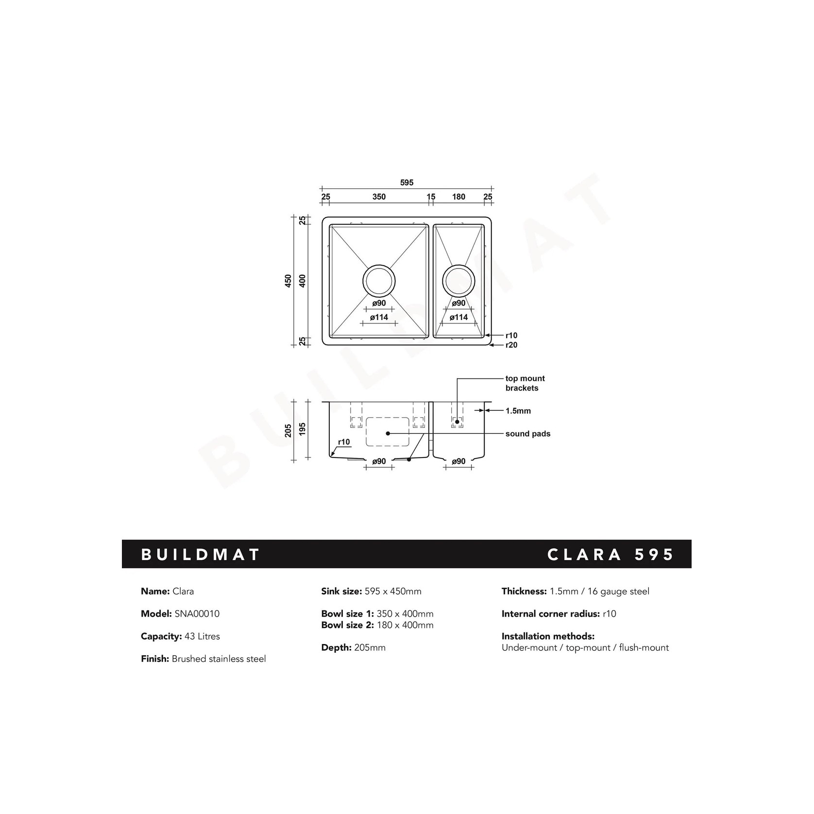 Clara 595x450 Single & Mini Bowl Sink gallery detail image