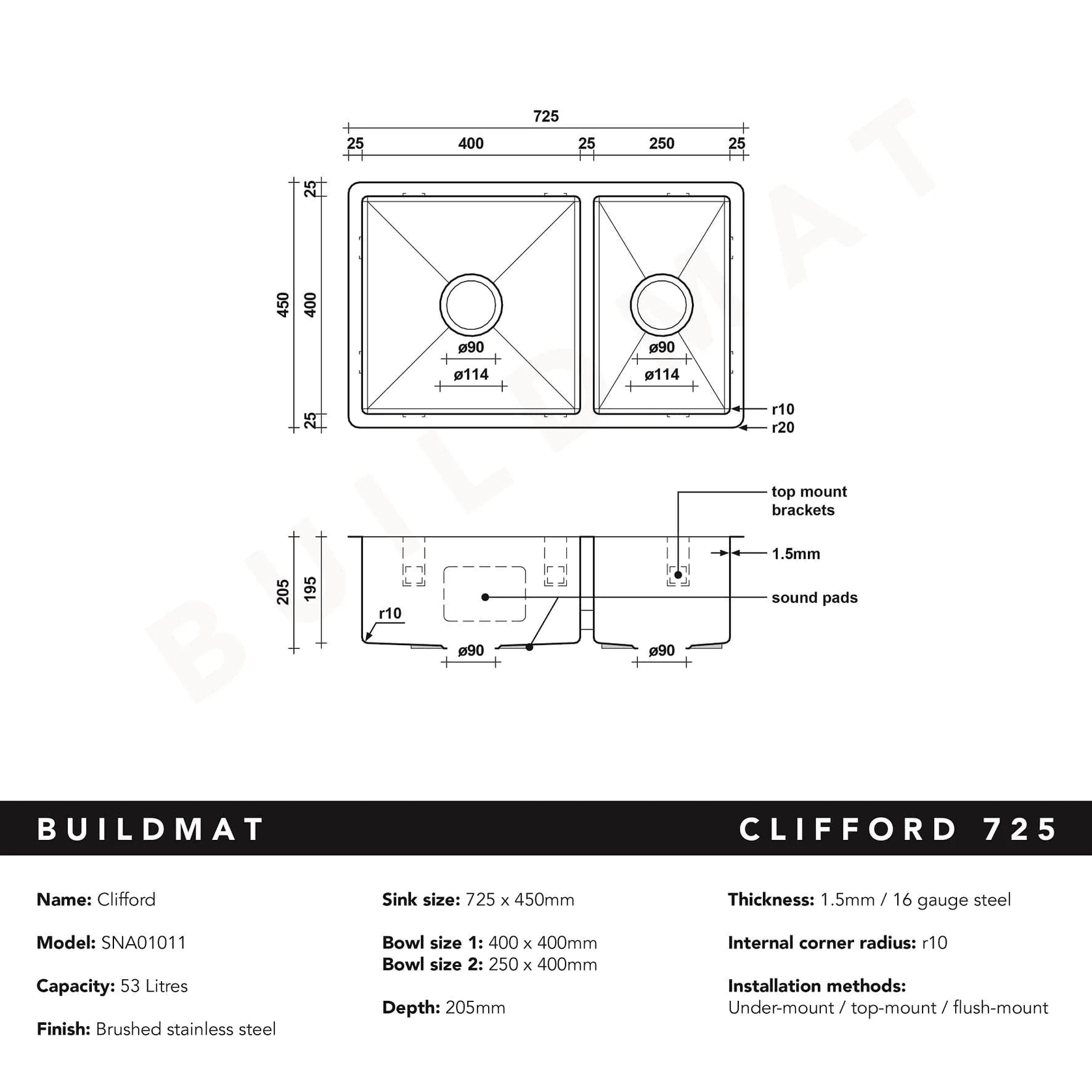 Clifford 725x450 Single & 1/4 Bowl Sink gallery detail image