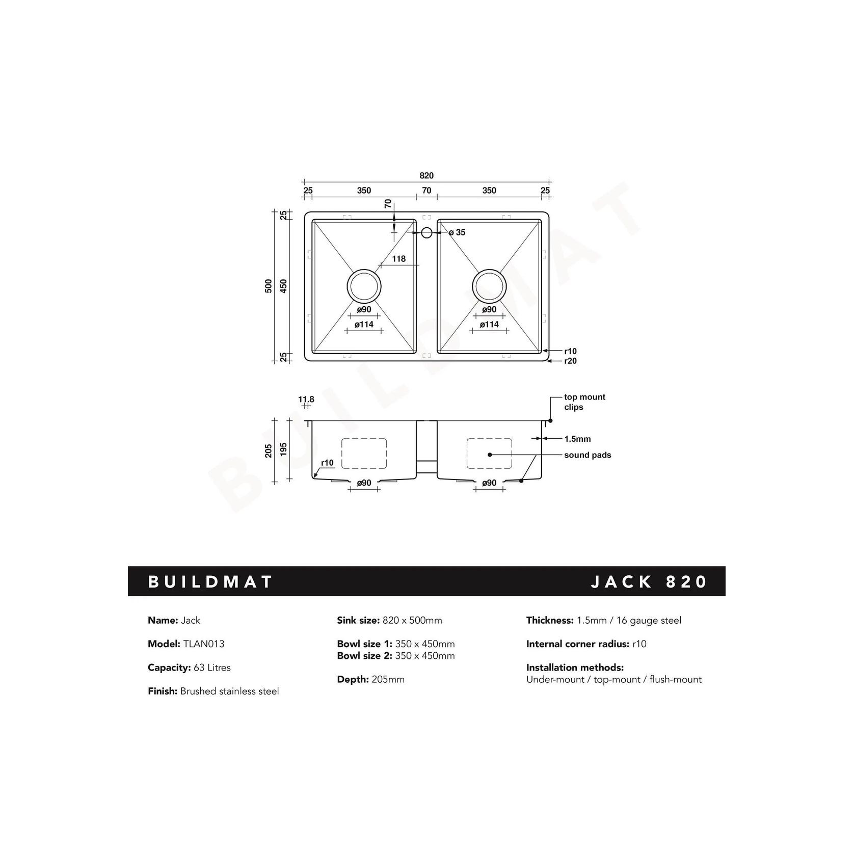 Jack 820x500 Double Bowl Tap Landing Sink gallery detail image