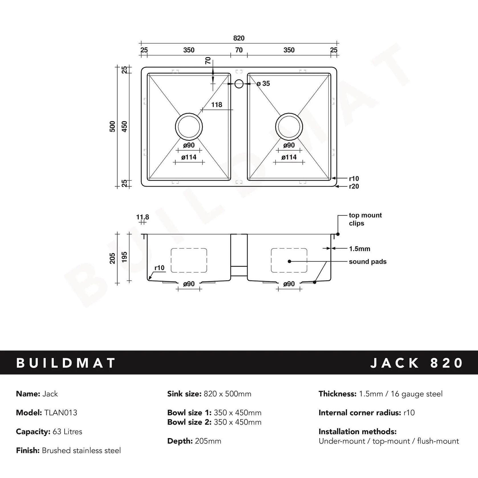 Jack 820x500 Double Bowl Tap Landing Sink gallery detail image