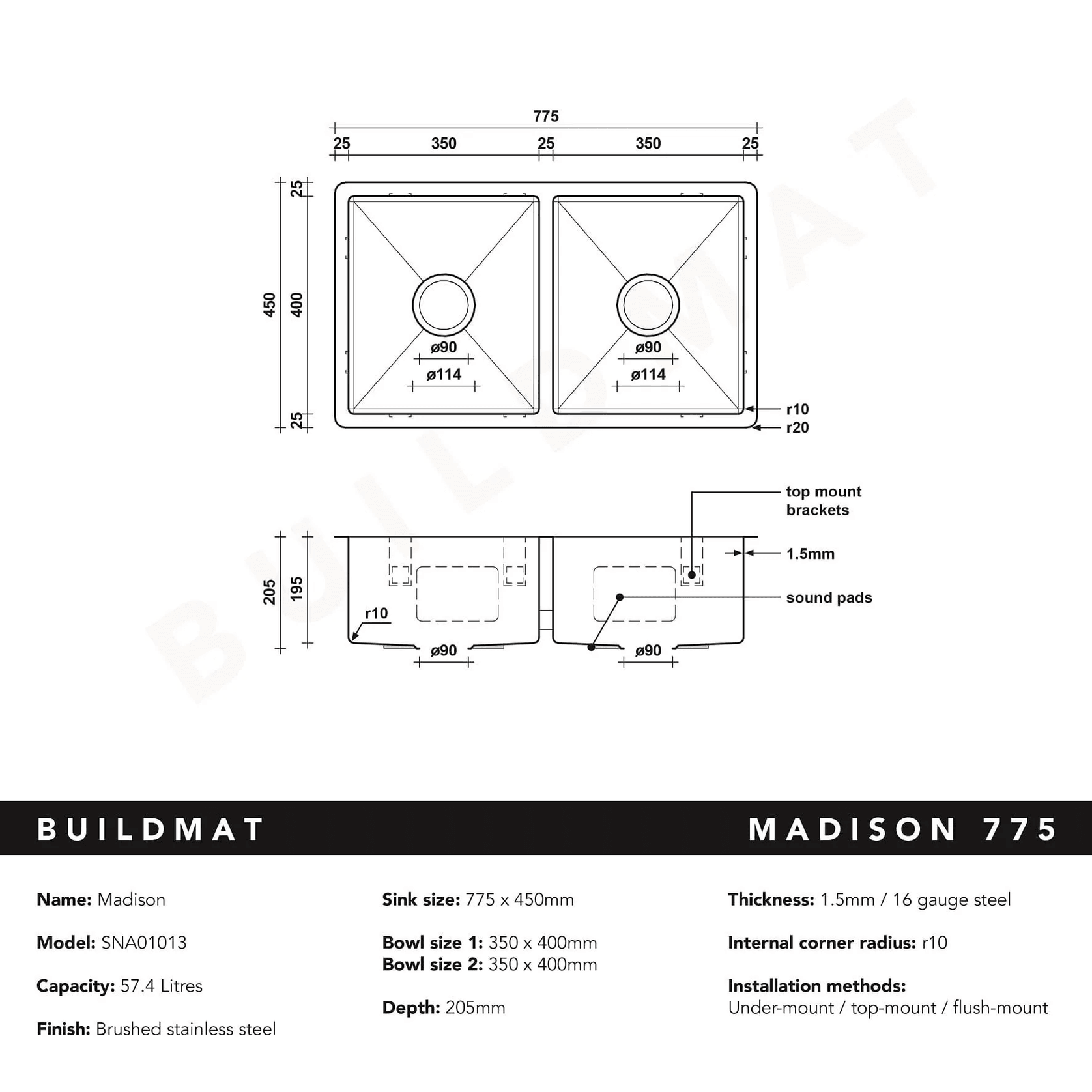 Madison 775x450 Double Bowl Sink gallery detail image