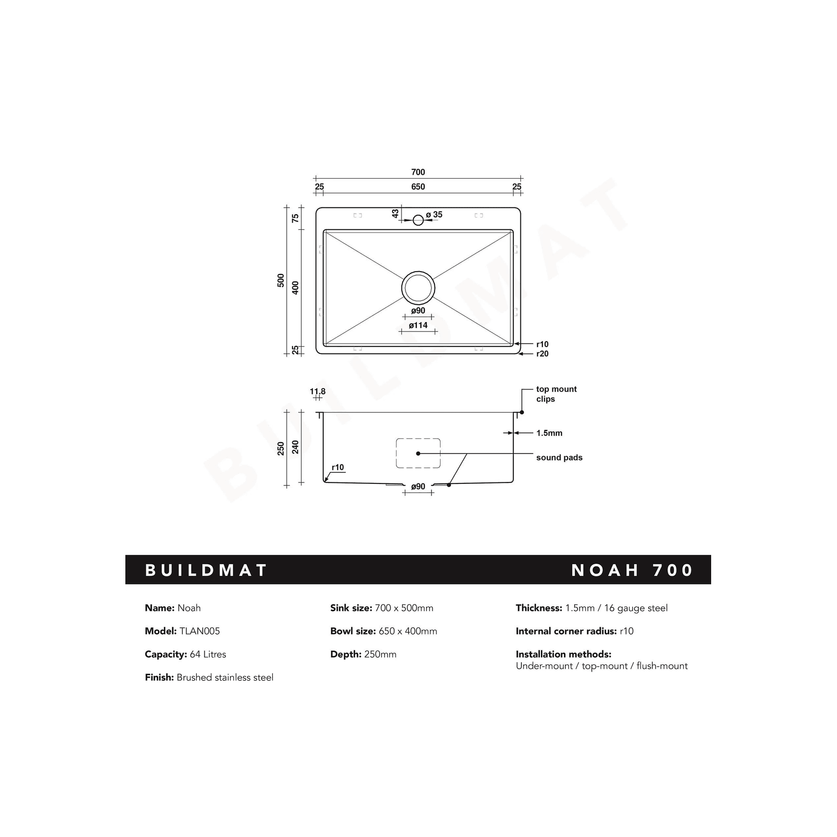 Noah 700x500 Large Single Bowl Tap Landing Sink gallery detail image
