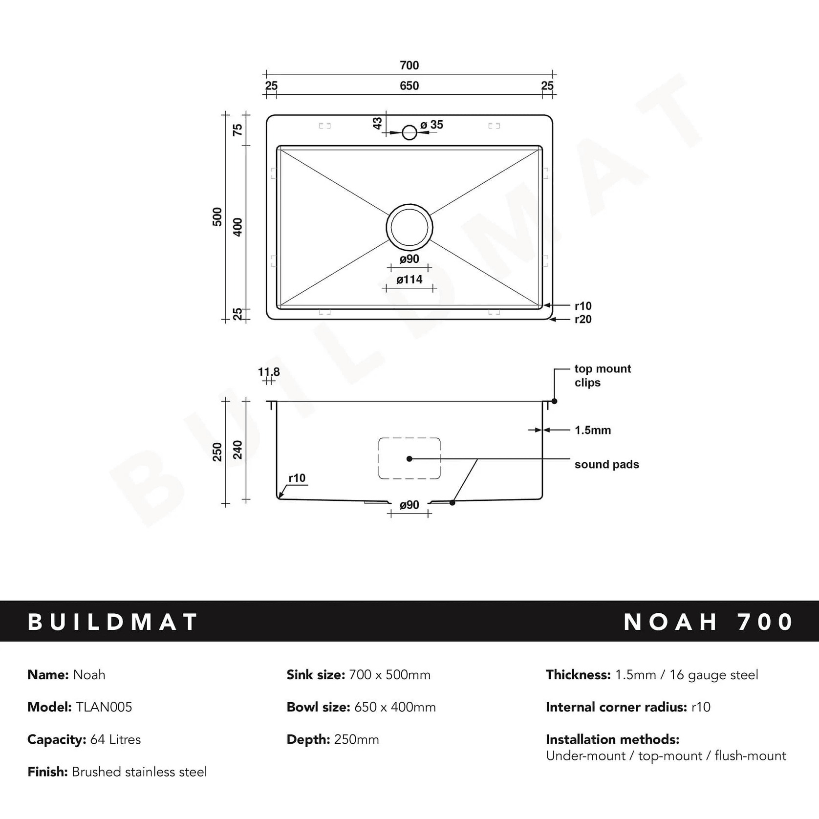 Noah 700x500 Large Single Bowl Tap Landing Sink gallery detail image