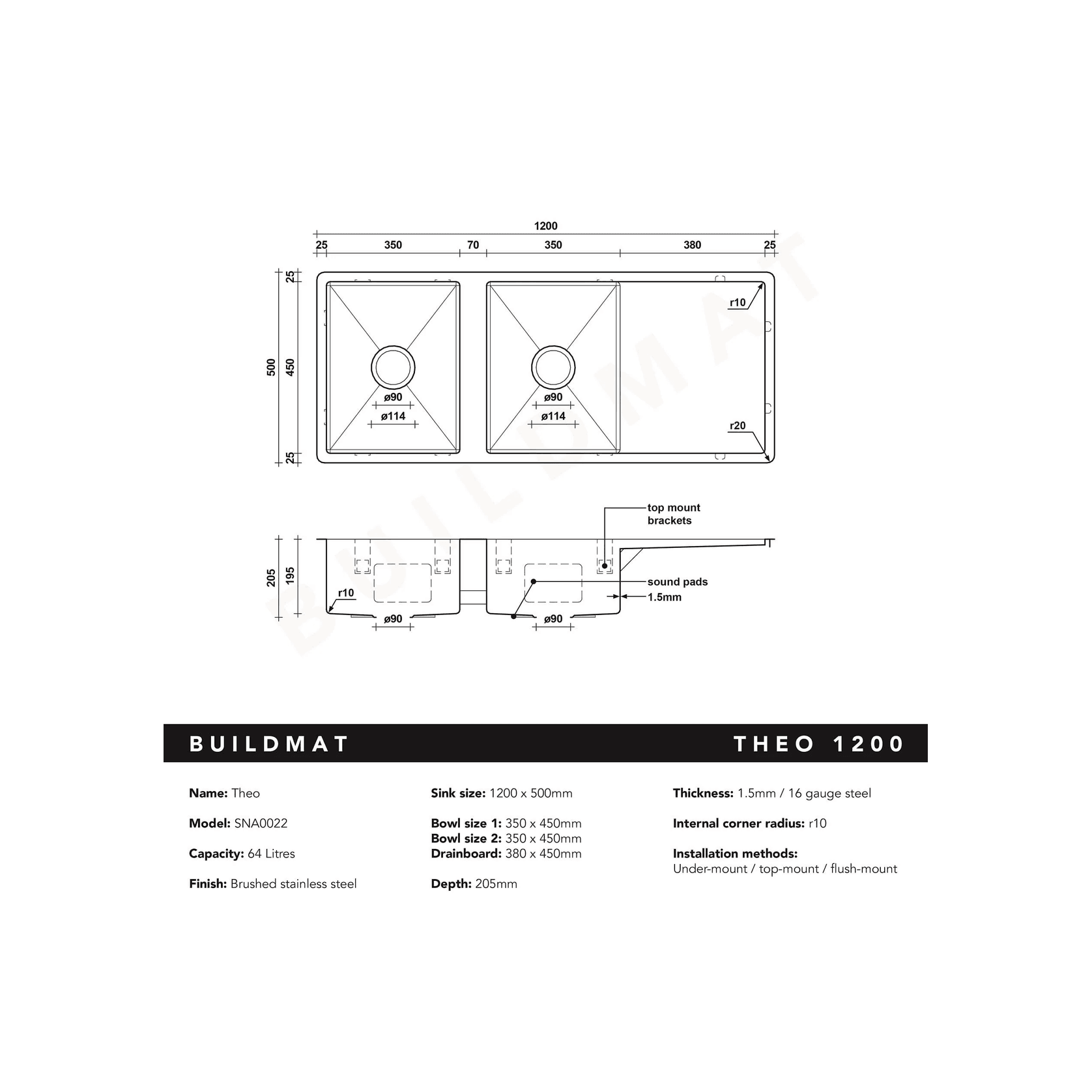 Theo 1200x500 Double Bowl with Drain Board Sink With Taphole Left Hand Drainboard gallery detail image