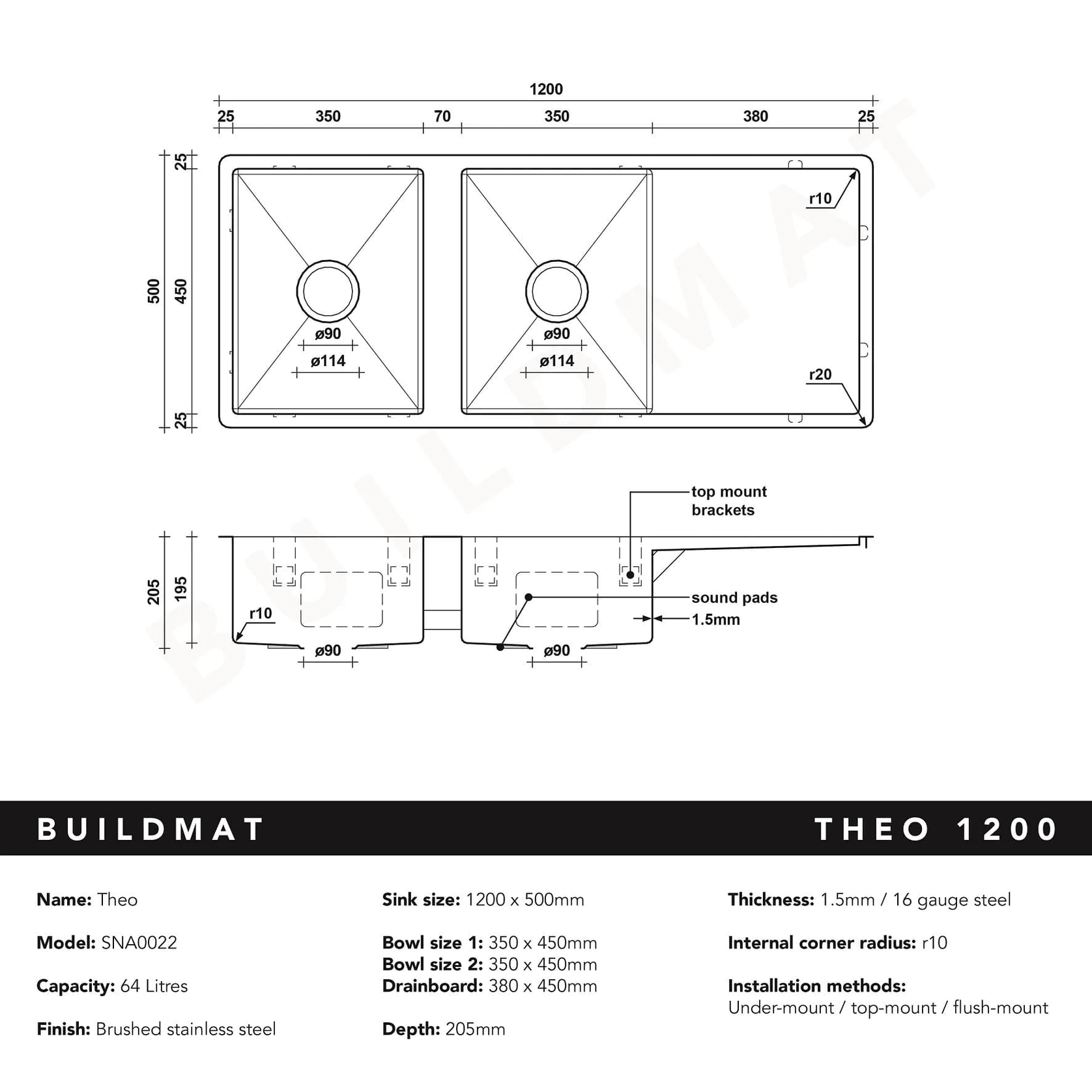 Theo 1200x500 Double Bowl with Drain Board Sink gallery detail image