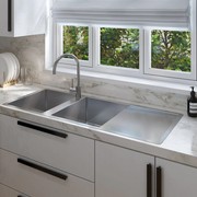 Theo 1200x500 Double Bowl with Drain Board Sink With Taphole Left Hand Drainboard gallery detail image