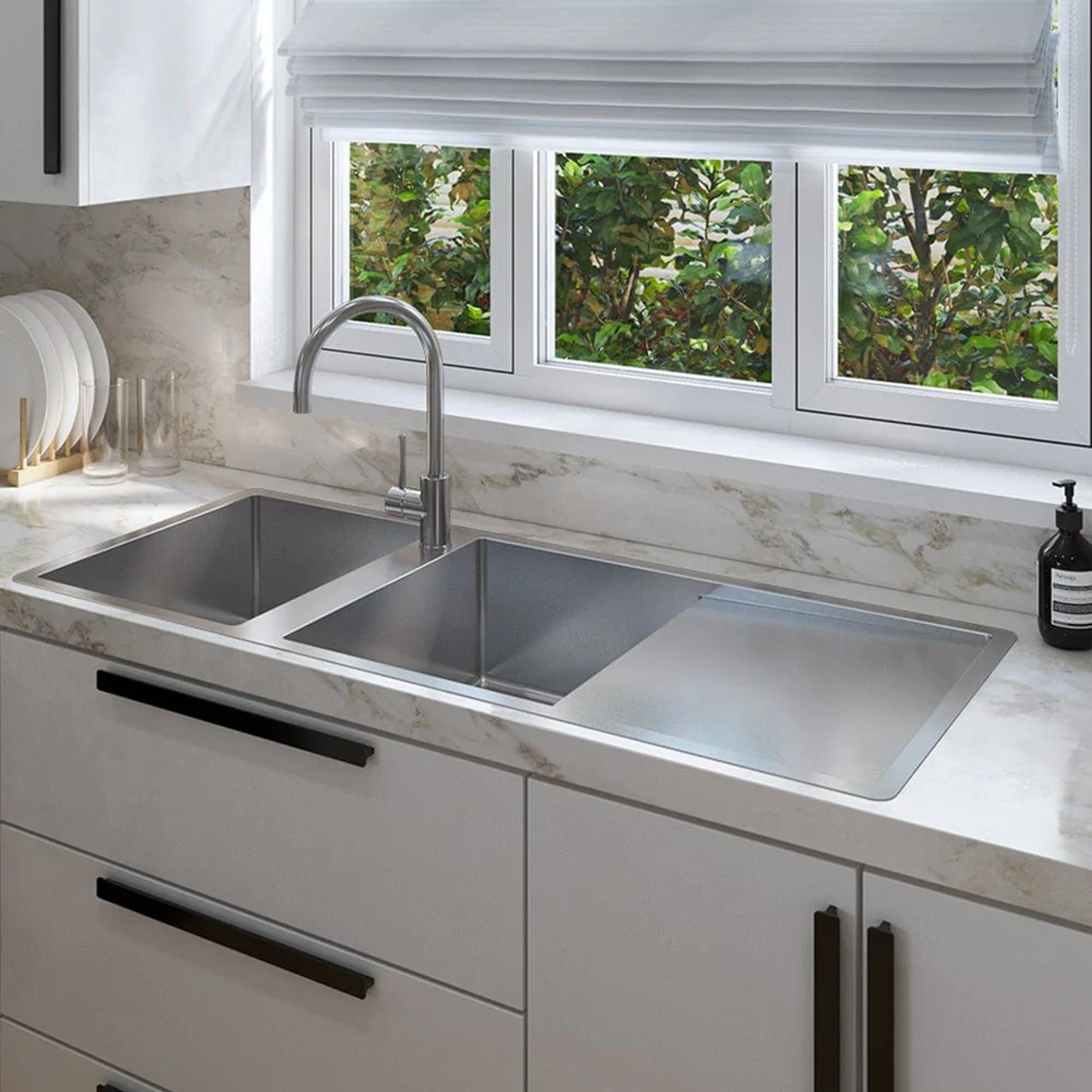 Theo 1200x500 Double Bowl with Drain Board Sink With Taphole Right Hand Drainboard gallery detail image