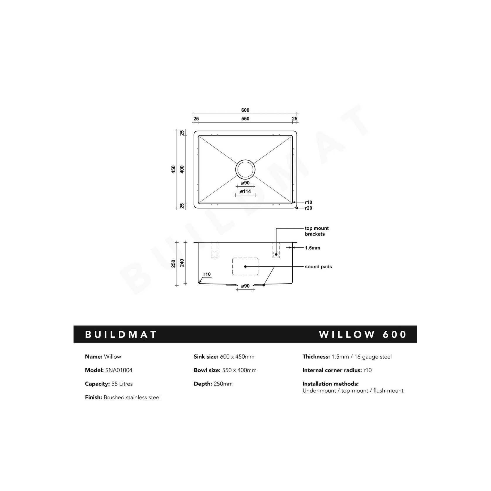 Willow 600x450 Medium Single Bowl Sink gallery detail image