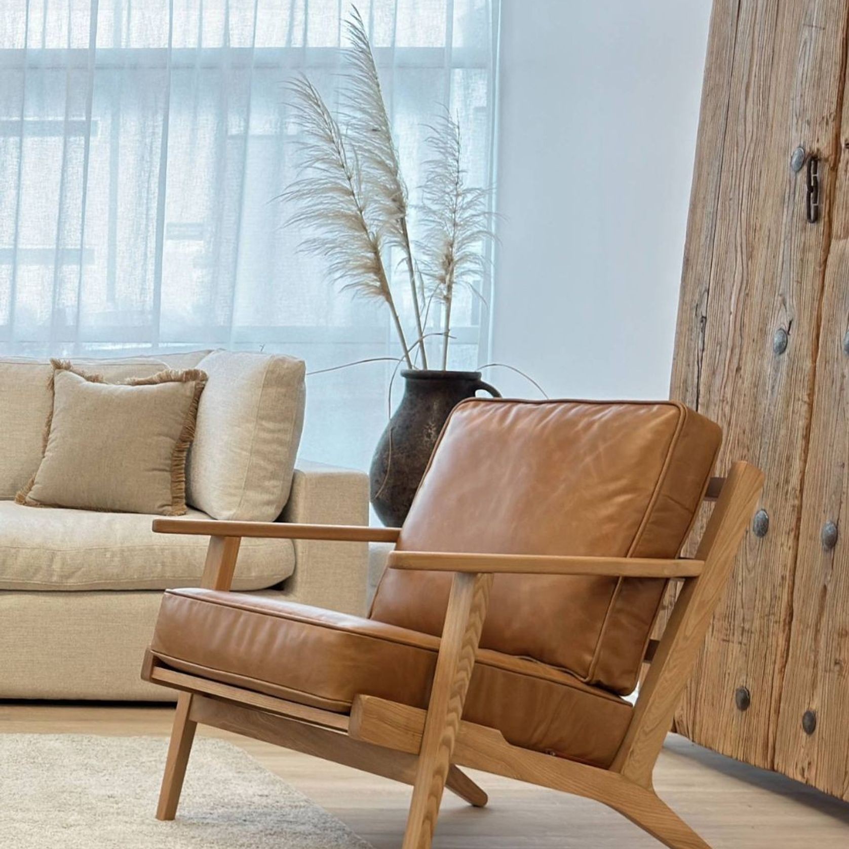 Lodge Armchair - Camel Leather | Oak Frame gallery detail image