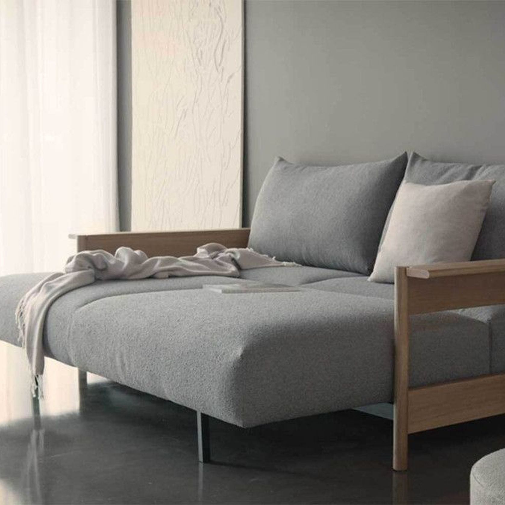 MALLOY Sleek Excess Queen Sofa Bed With Light Oak Arms gallery detail image