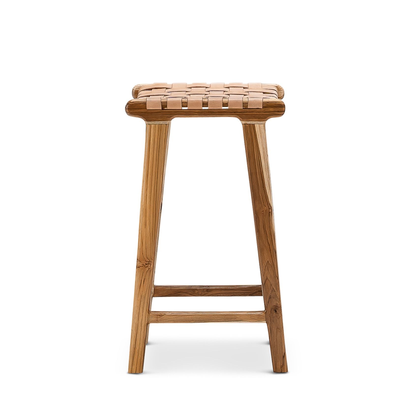 Lazie Leather Strapping Bar Stool | 66cm | Teak & Natural Tan gallery detail image