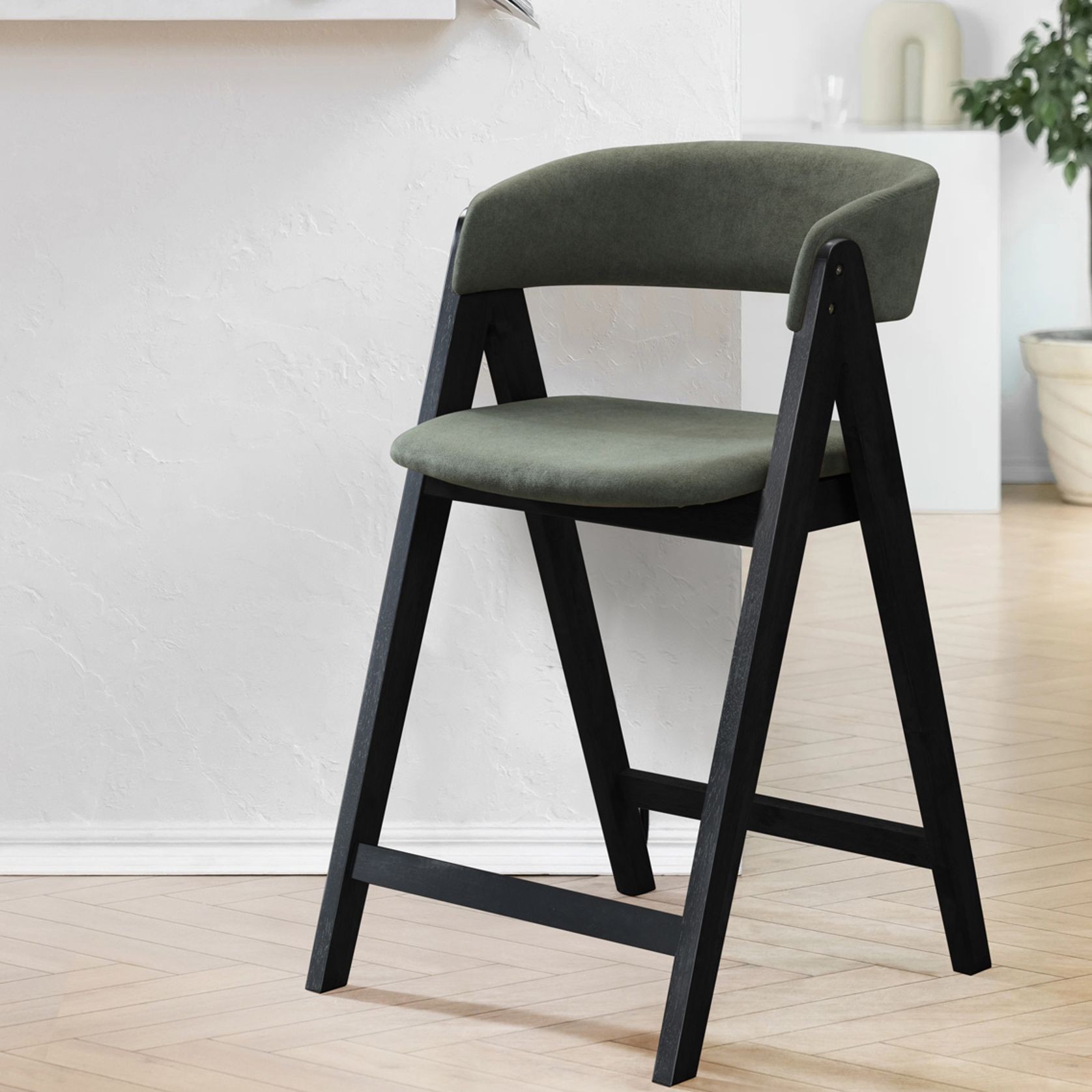 Gaudi Black Hardwood Counter Stool | Green Fabric gallery detail image
