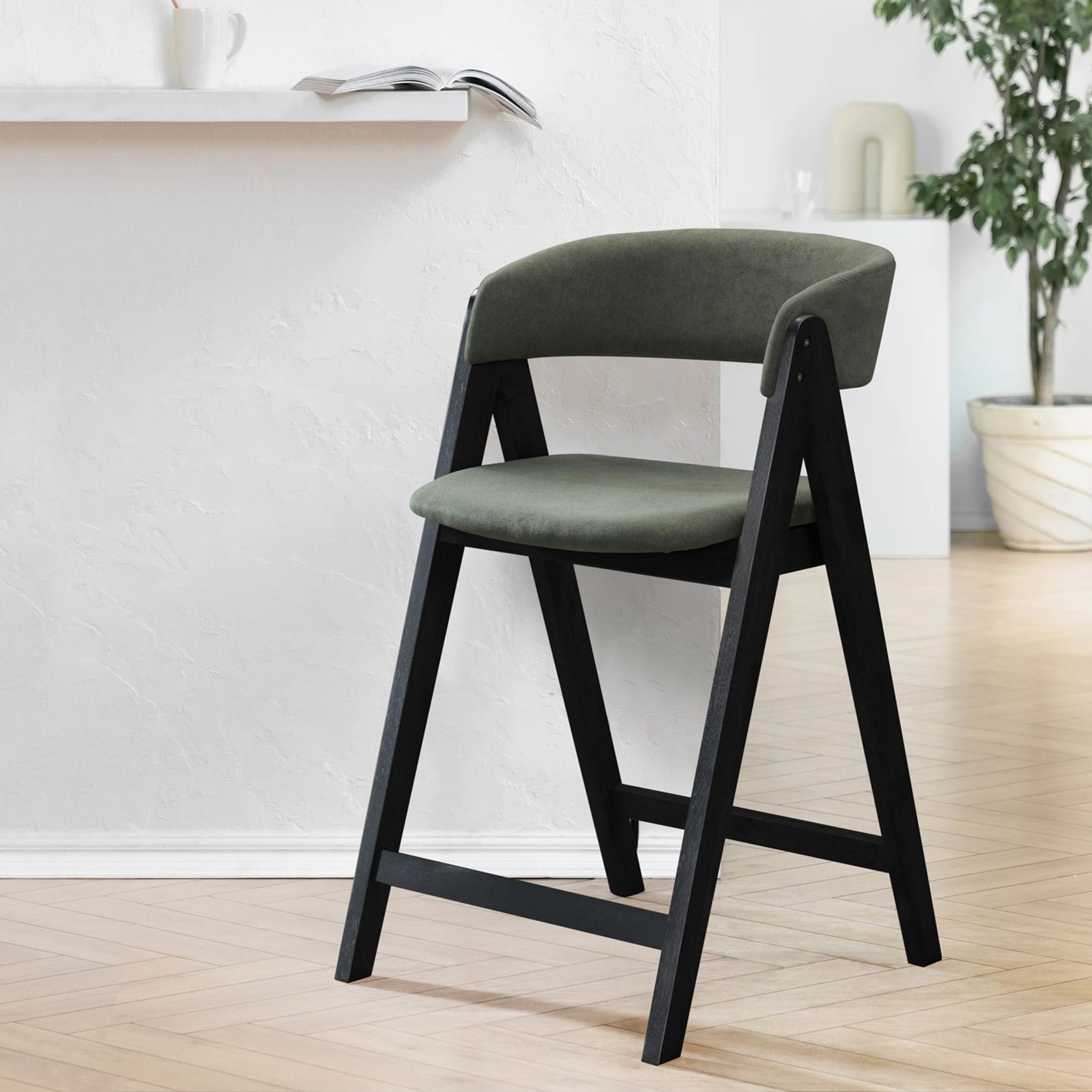 Gaudi Black Hardwood Counter Stool | Green Fabric gallery detail image