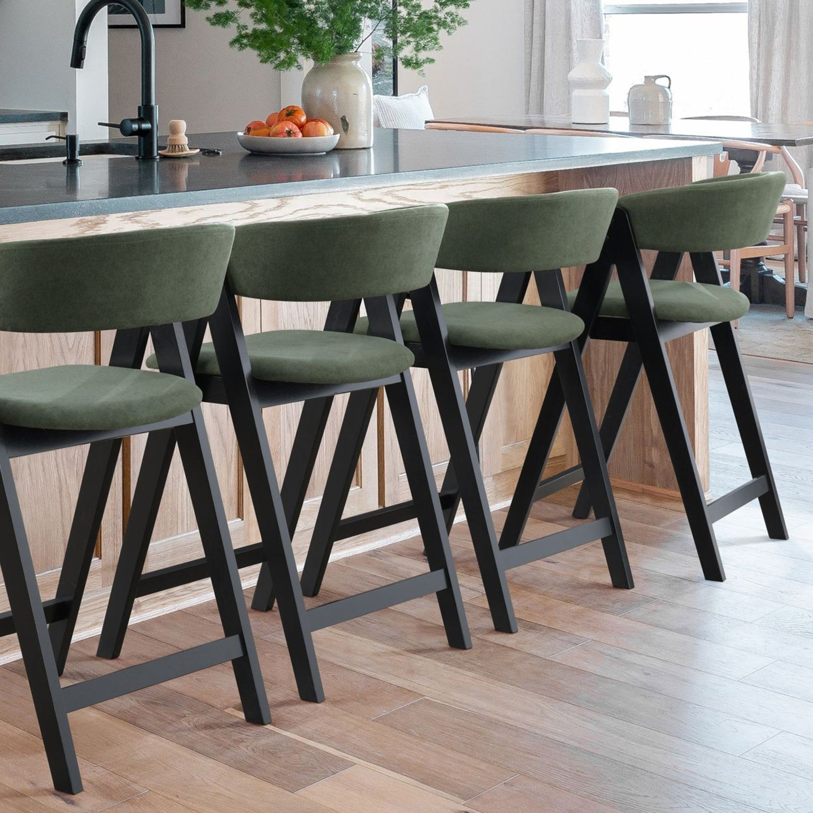 Gaudi Black Hardwood Counter Stool | Green Fabric gallery detail image