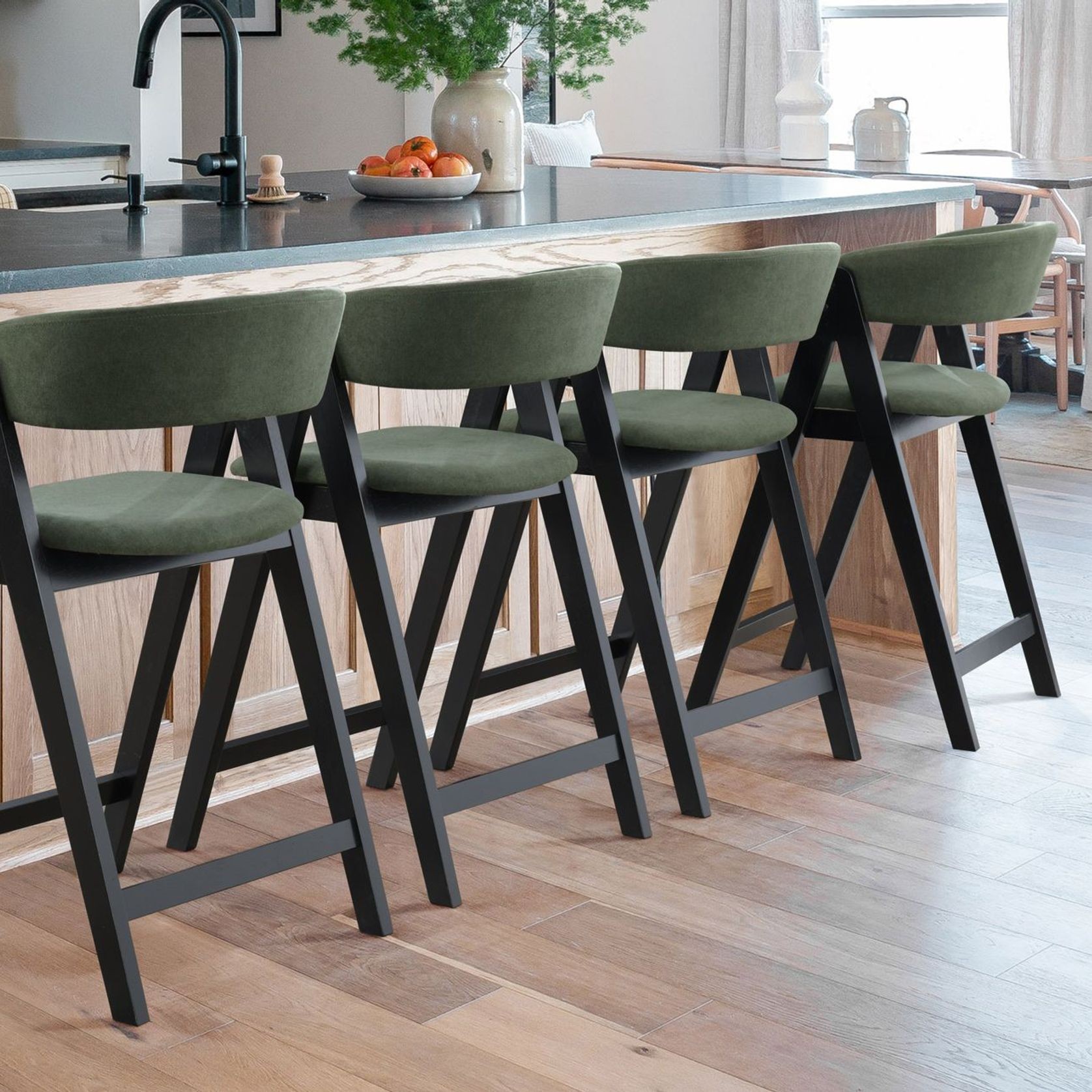 Gaudi Black Hardwood Counter Stool | Green Fabric gallery detail image