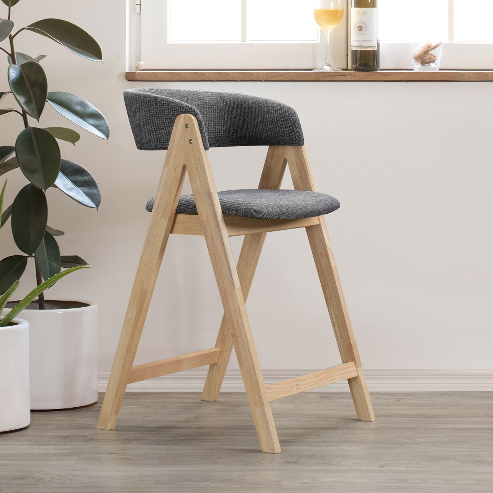 Gaudi Hardwood Counter Stool | Natural | Charcoal Fabri gallery detail image