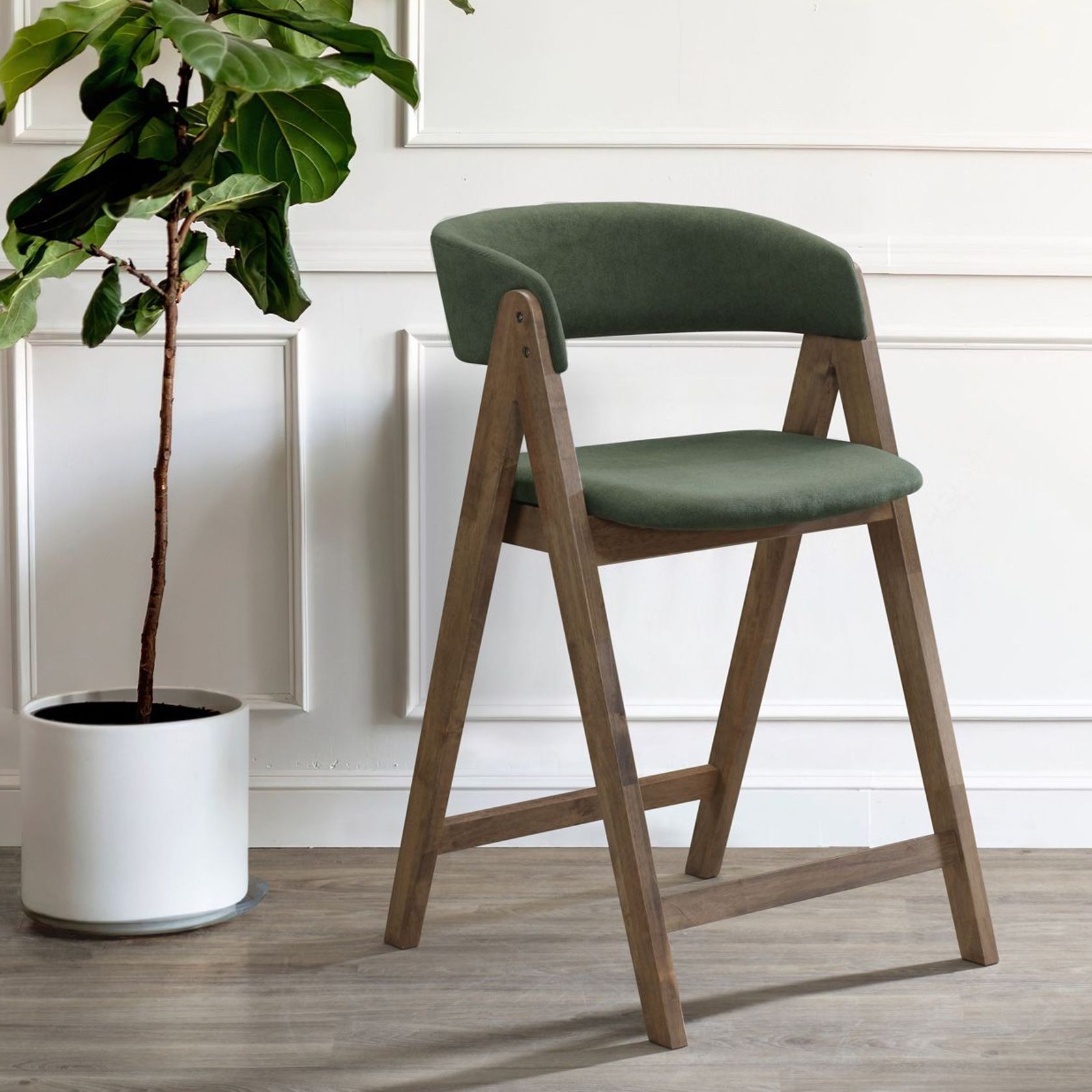Gaudi Hardwood Counter Stool | Walnut | Green Fabric gallery detail image
