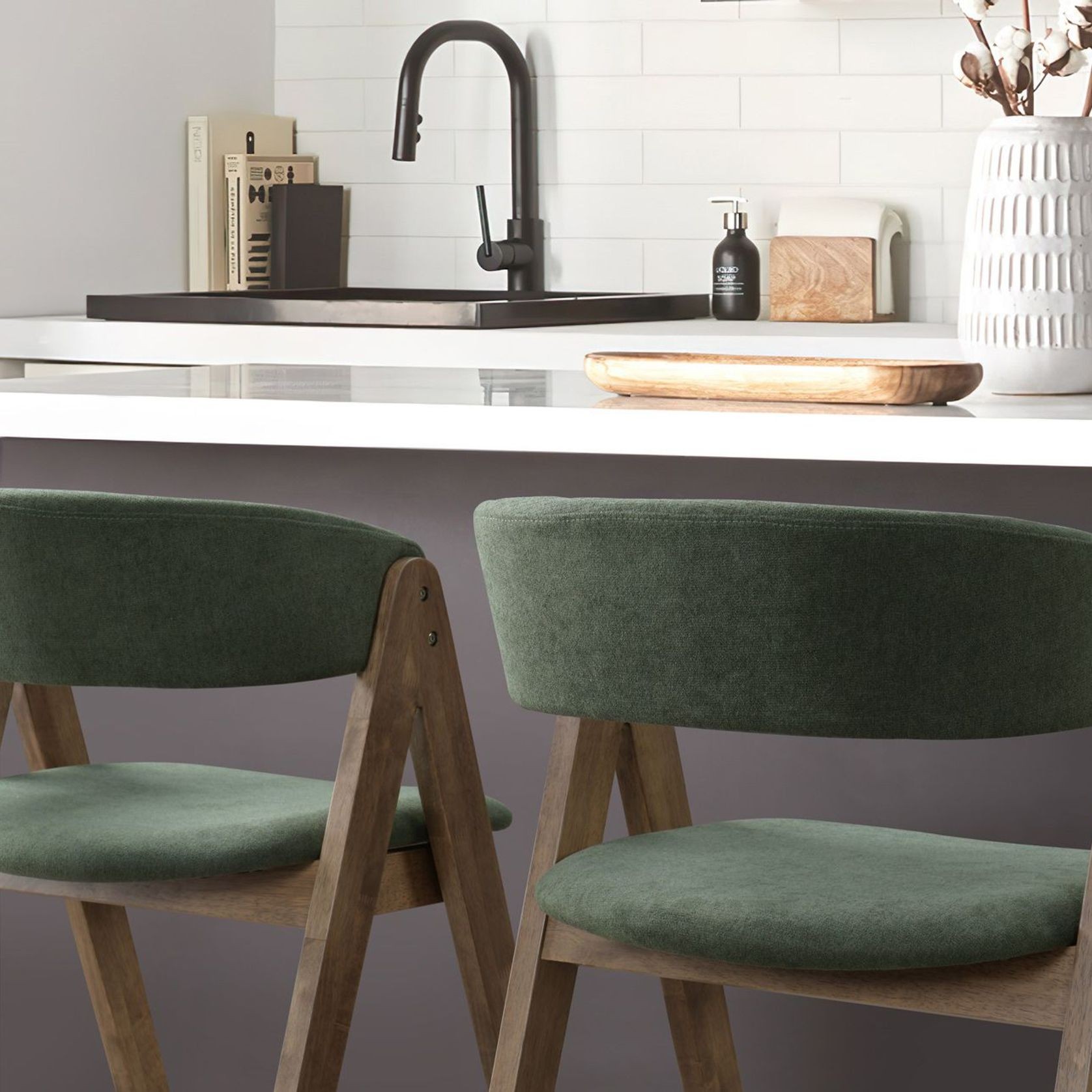 Gaudi Hardwood Counter Stool | Walnut | Green Fabric gallery detail image