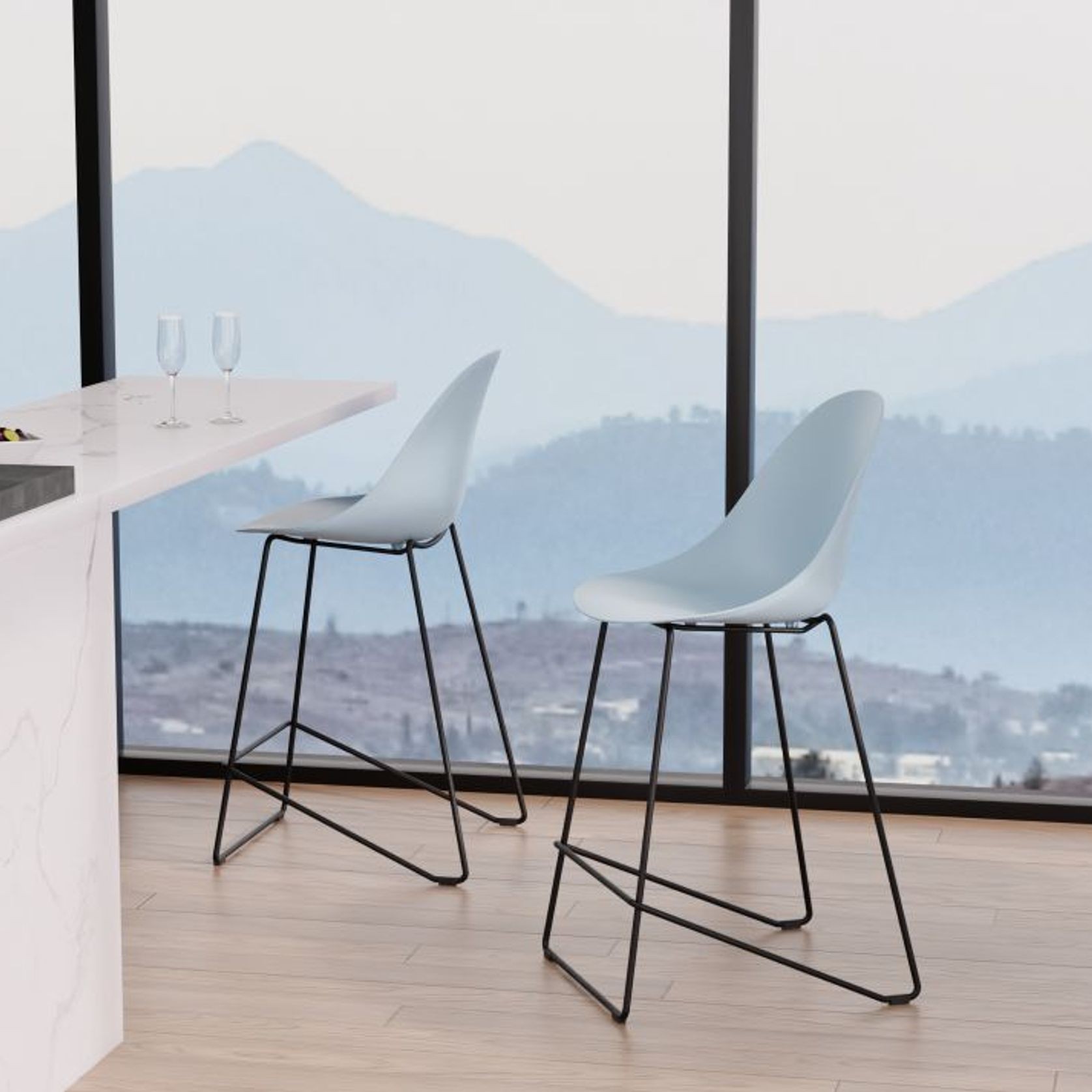 Pebble Blue Stool Shell Seat - Bar Stool 75cm Seat - Black Base gallery detail image