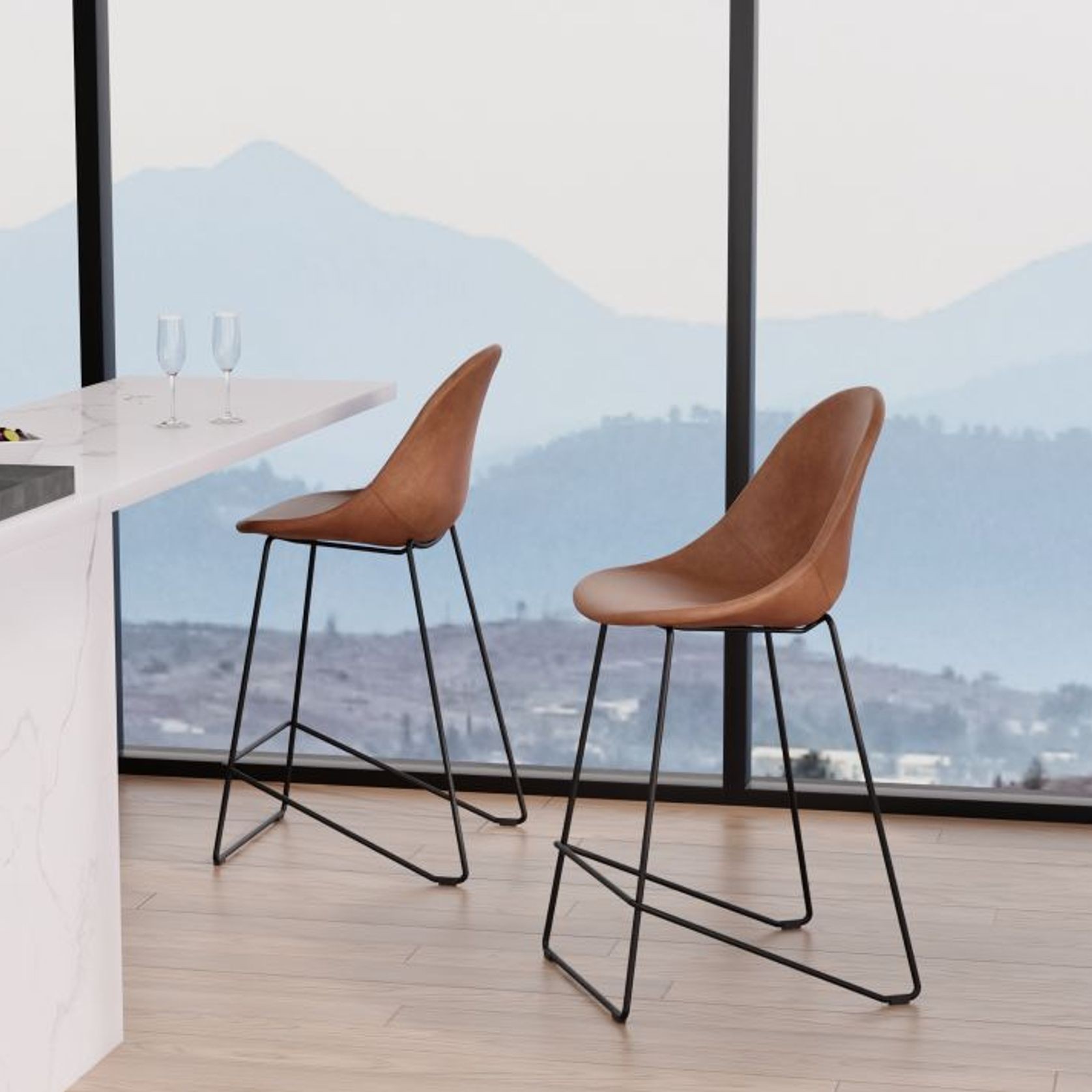 Pebble Stool Brown Upholstered Vintage Seat  - Counter Stool 65cm Seat - Black Base gallery detail image