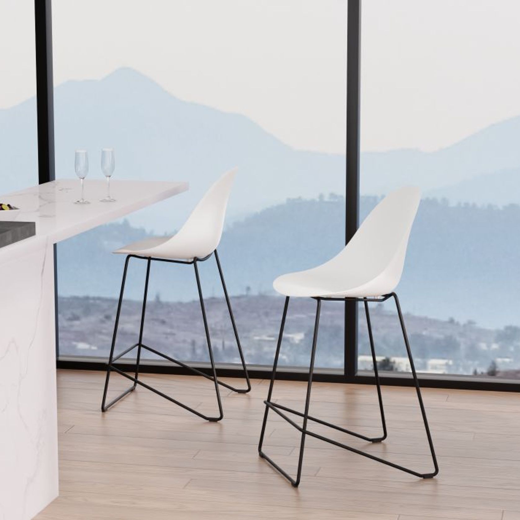 Pebble White Stool Shell Seat - Counter Stool 65cm Seat Height - White Frame gallery detail image