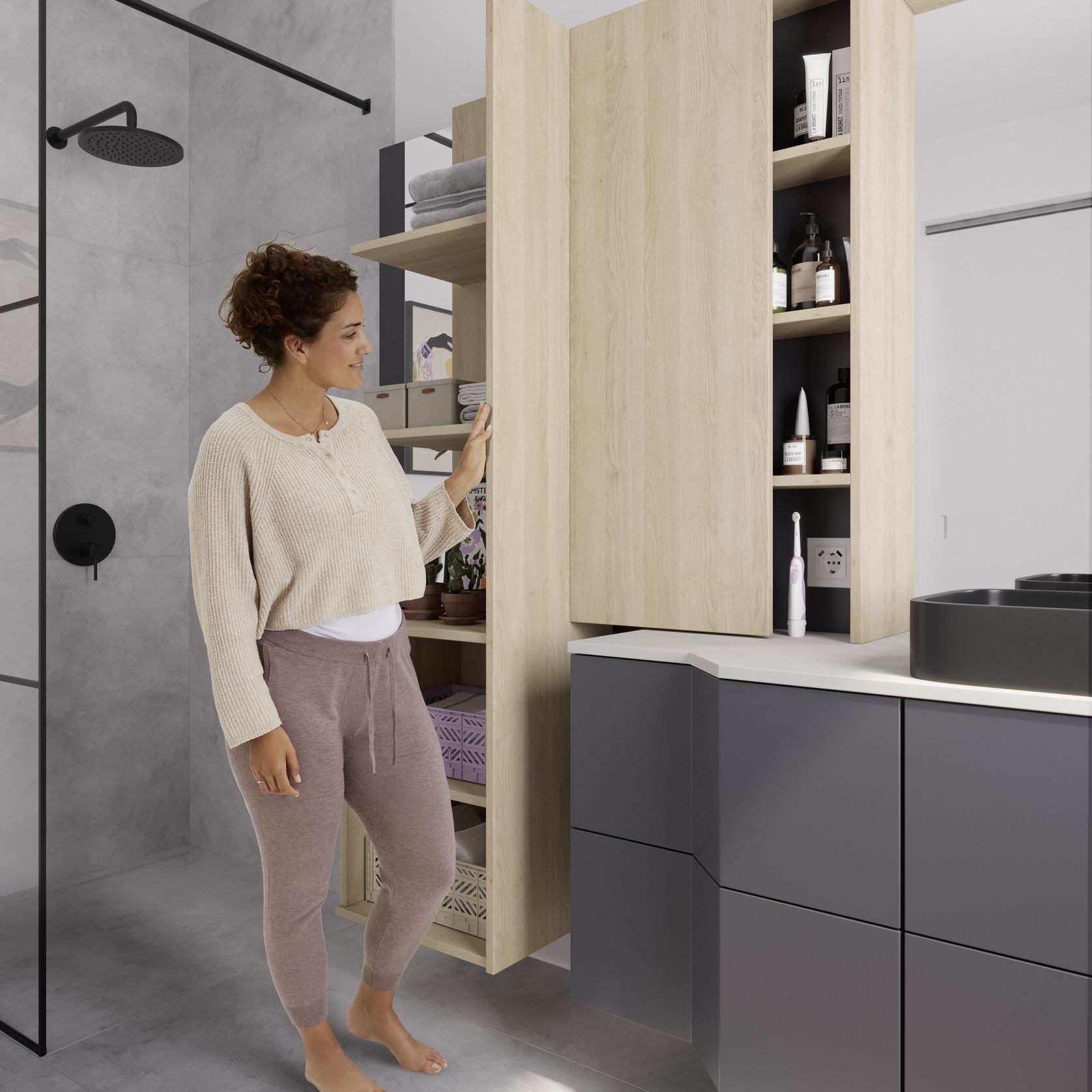 Innovative bathroom storage using an overlay sliding door track