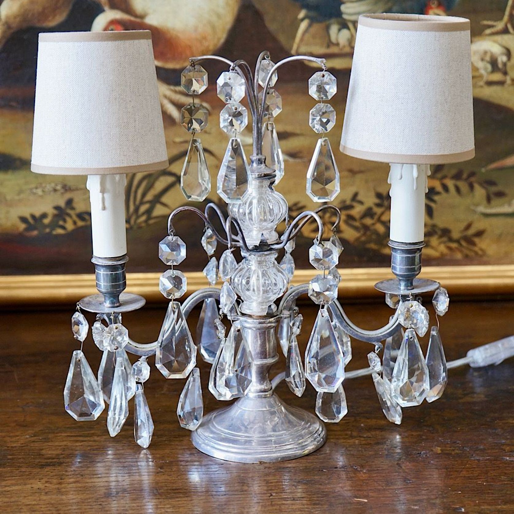 French Antique Silver & Glass Girandole Lamps gallery detail image