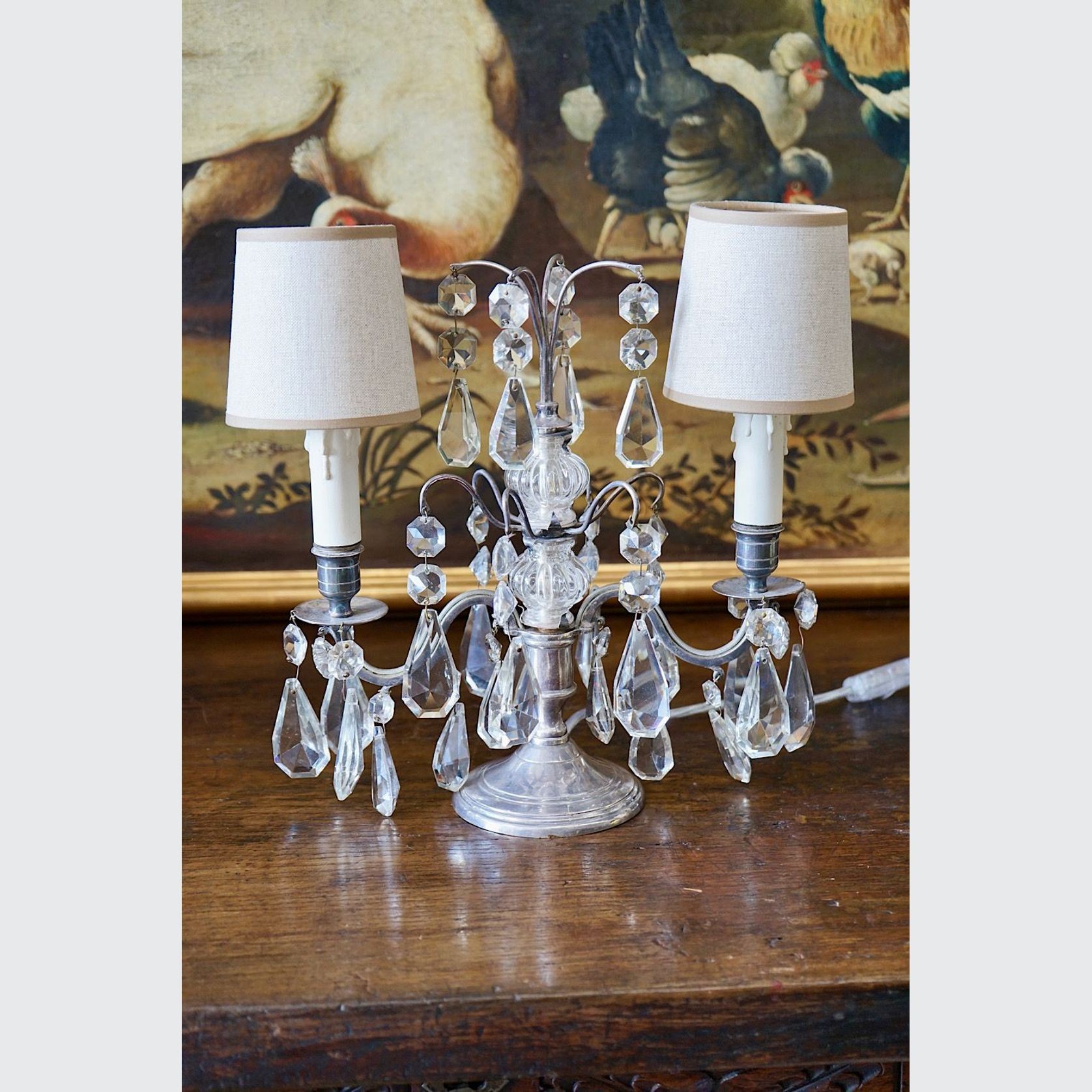 French Antique Silver & Glass Girandole Lamps gallery detail image