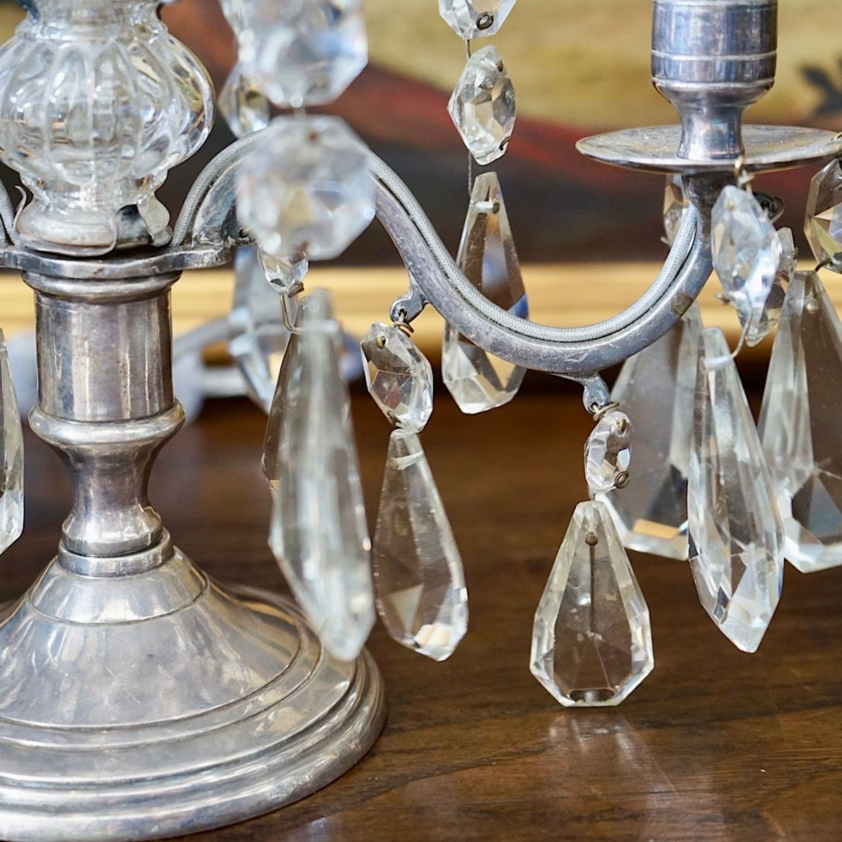 French Antique Silver & Glass Girandole Lamps gallery detail image