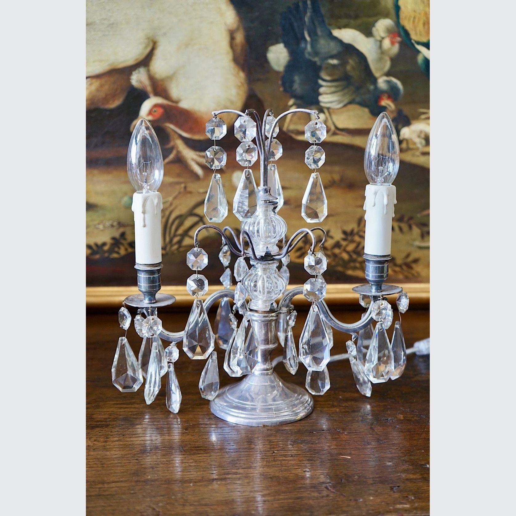 French Antique Silver & Glass Girandole Lamps gallery detail image