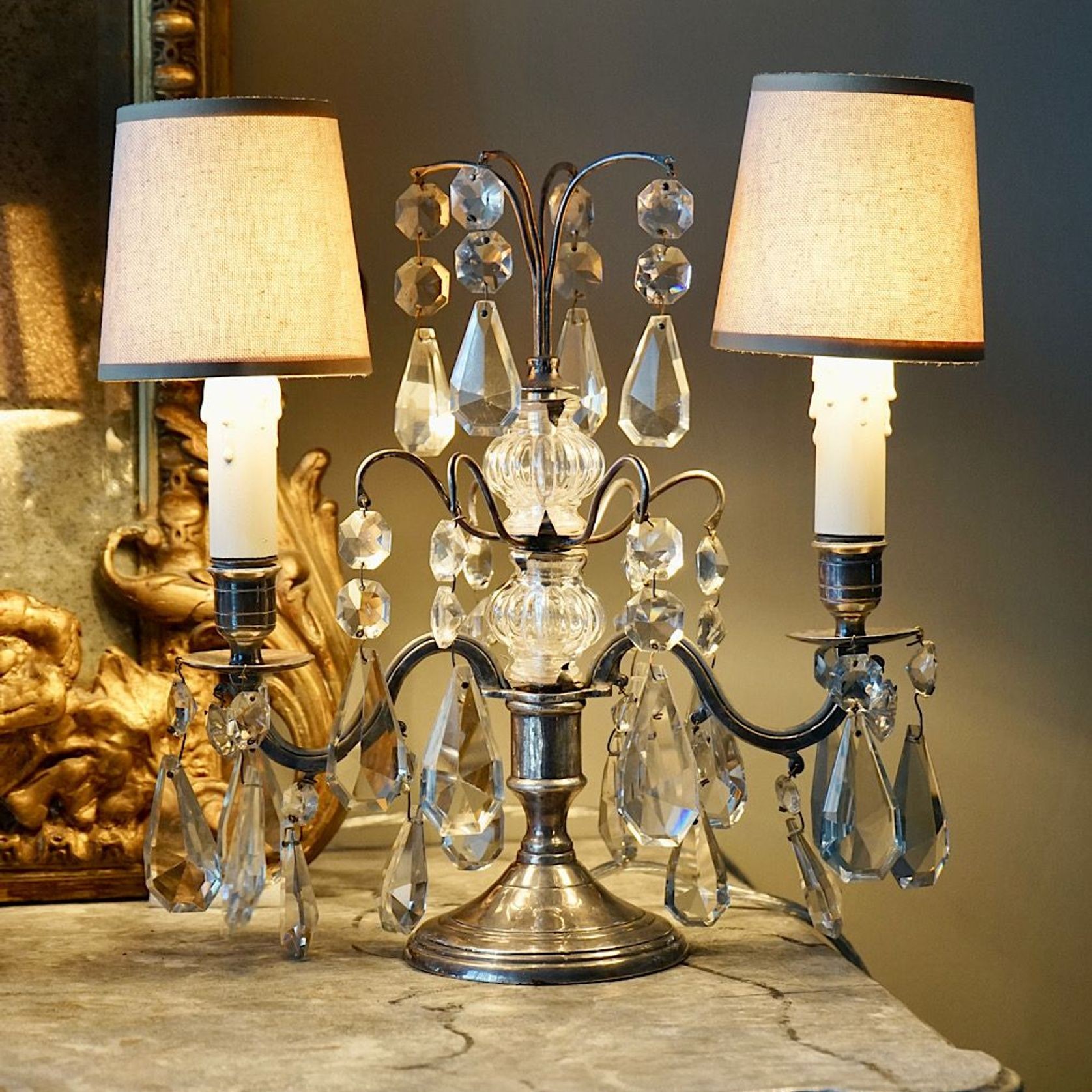 French Antique Silver & Glass Girandole Lamps gallery detail image