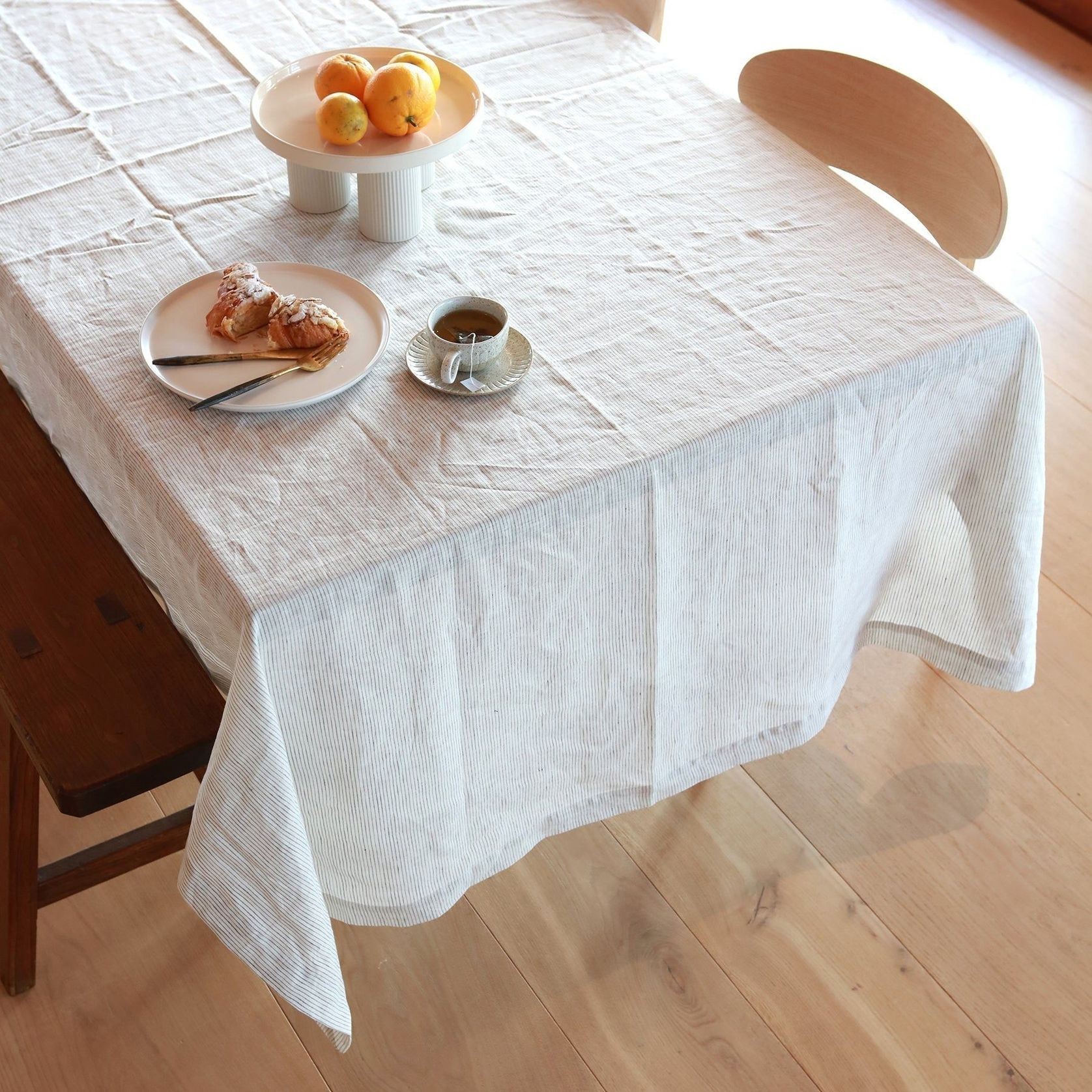 100% French Flax linen Tablecloth- Charcoal Pinstripe gallery detail image